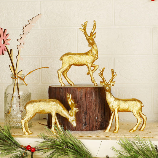 Lulu Home 3 PCS Christmas Tabletop Decorations, Resin Golden Reindeer Family Figurines with Diverse Postures, Xmas Holiday Winter Centerpieces Ornaments for Mantel Shelf Sill Home Office Decor