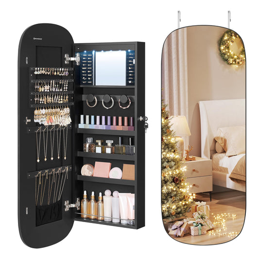 SONGMICS Jewelry Organizer, LED Jewelry Cabinet Wall or Door Mounted, Lockable Rounded Wide Mirror with Storage, Interior Mirror, Christmas Gifts, Black Surface with Black Lining