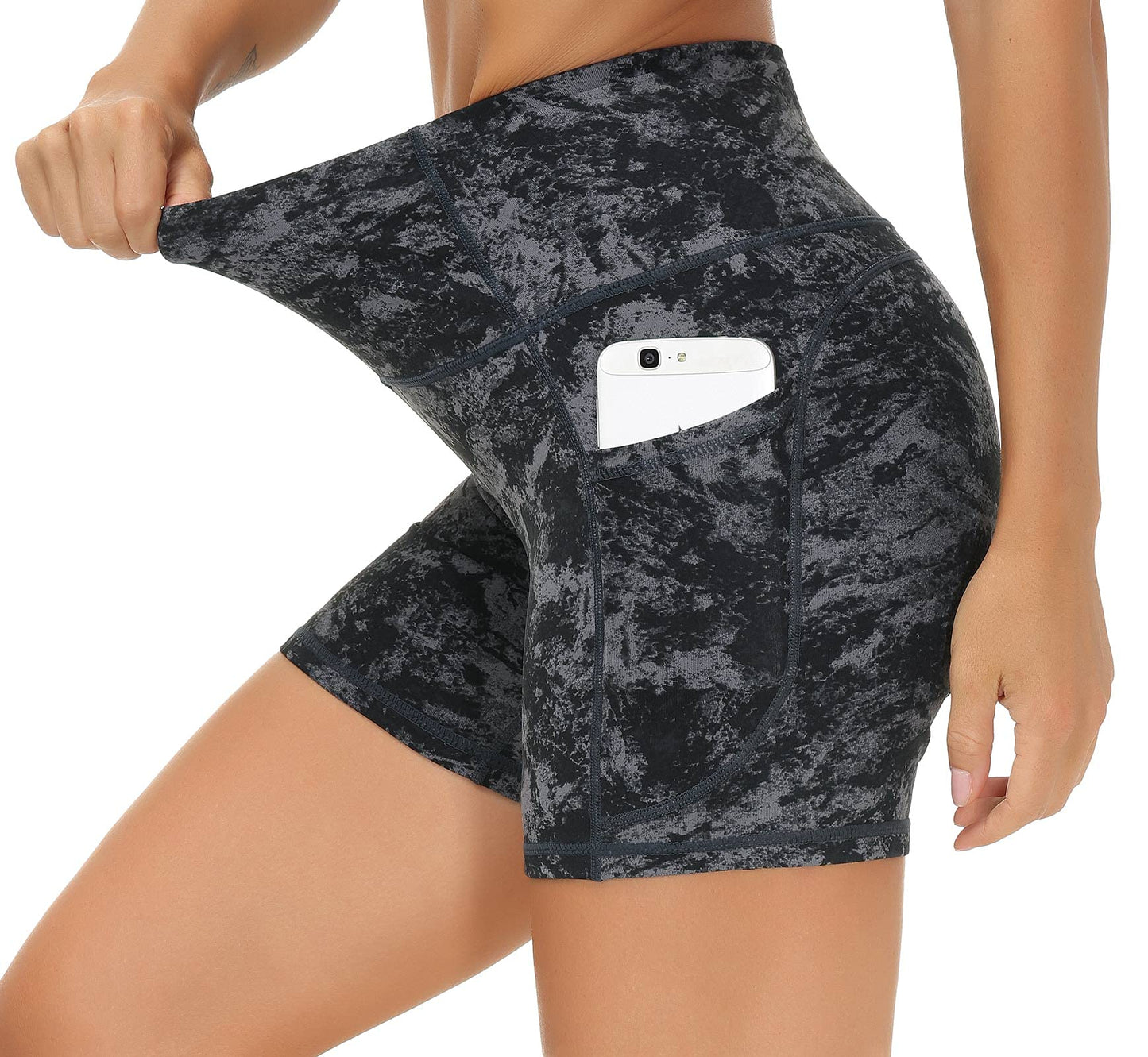 THE GYM PEOPLE High Waist Yoga Shorts for Women Tummy Control Fitness Athletic Workout Running Shorts with Deep Pockets (X-Large, Gray-Marble)