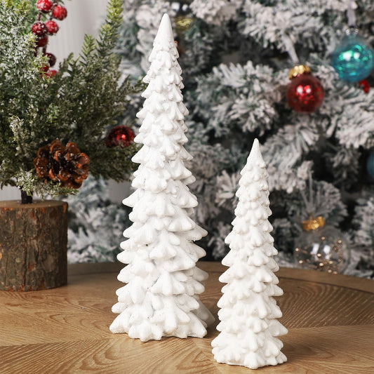 Juegoal Christmas Tree Table Decorations Set of 2, 9.5" White Glittered Xmas Pine Trees, Winter Snow Ornaments Tabletop Resin Trees Dinner Holiday Party Supplies Winter Mantle Shelf Centerpieces Decor