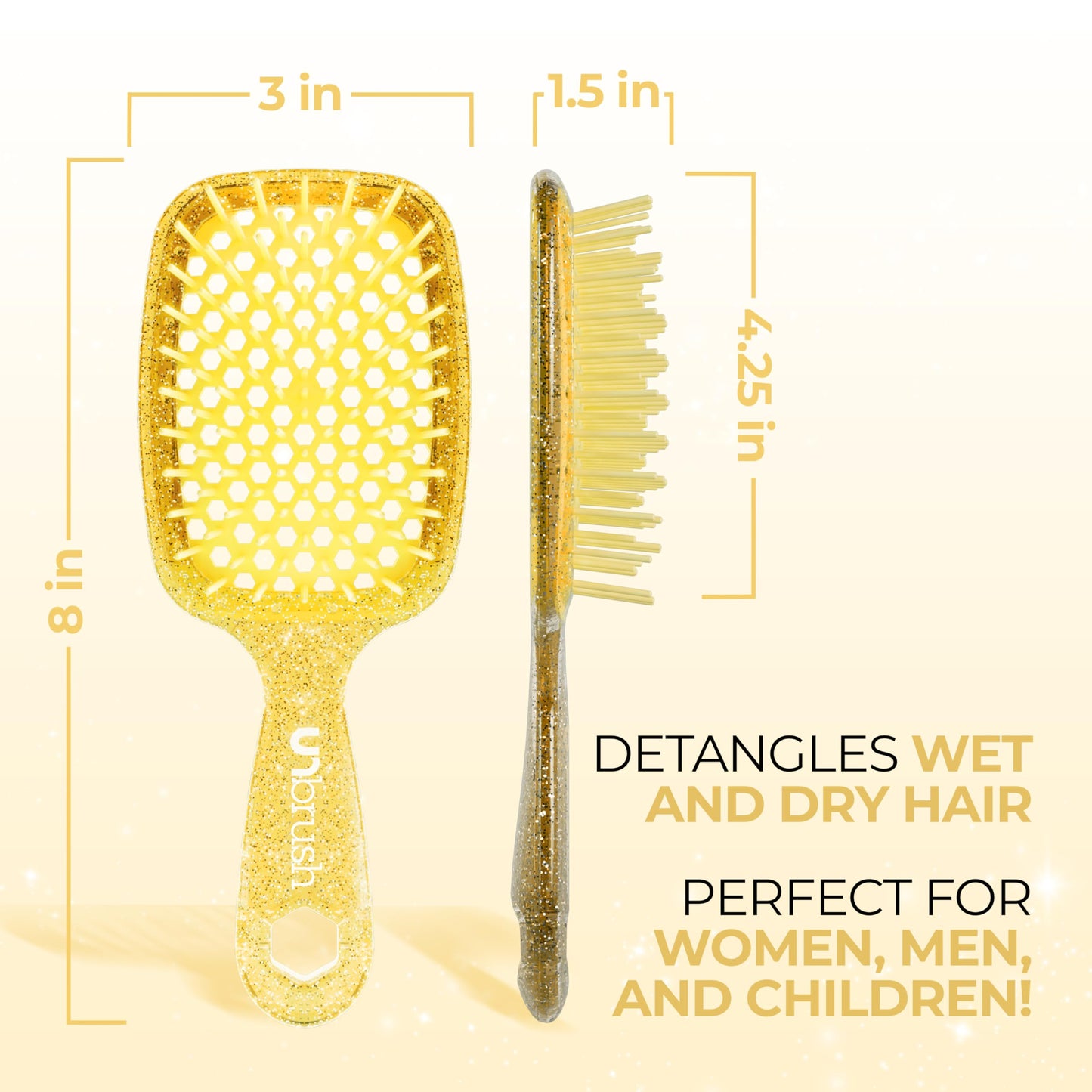 FHI Heat UNbrush Detangling Brush for Pain-Free Brushing on All Wet or Dry Hair Types — Durable DuoFlex Anti-Static Bristles, Lightweight Handle, Vented Hair Brush, Amber Yellow