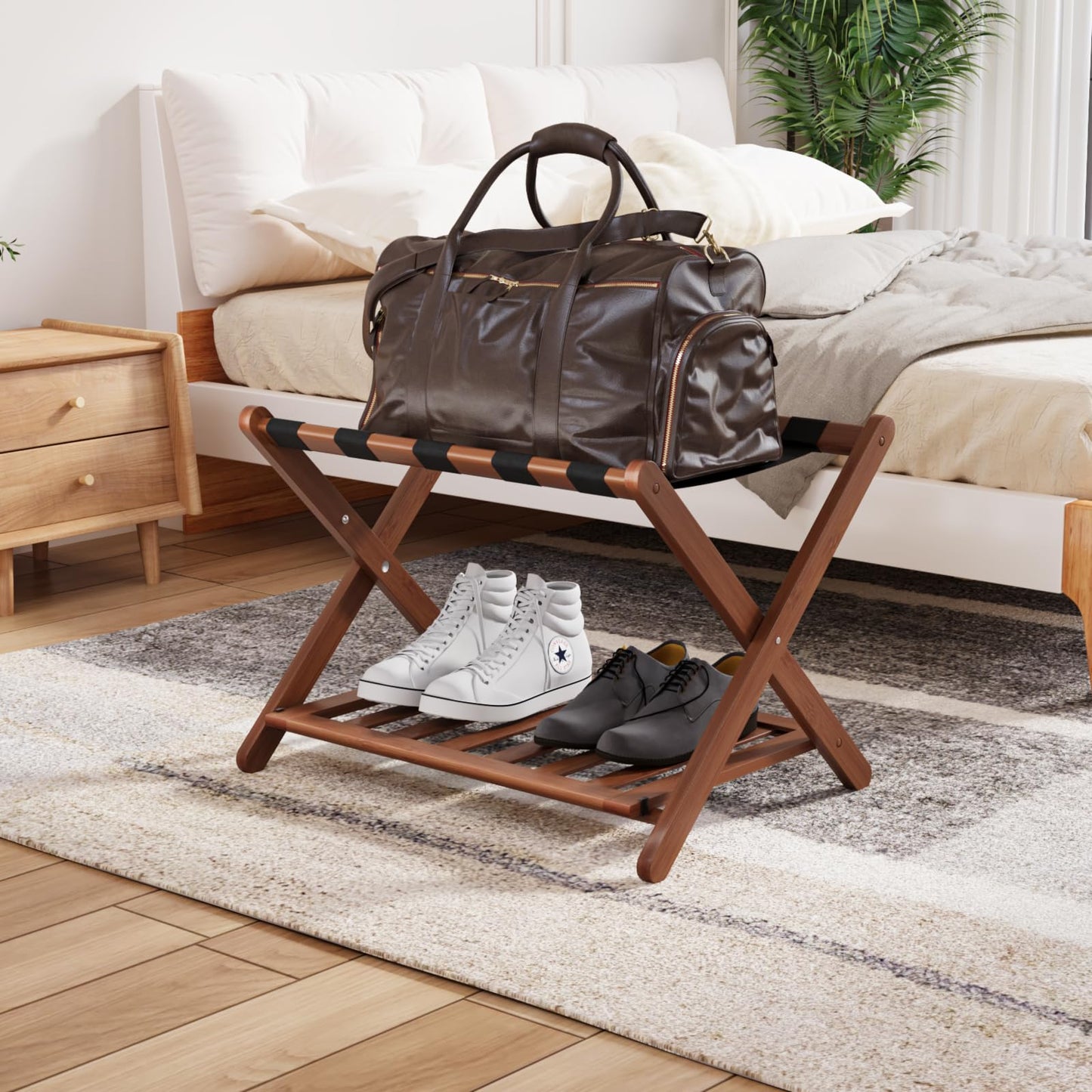 Smuxee Fully Assembled Walnut Luggage Rack, Upgraded Bamboo Foldable Suitcase Stand with 5 Nylon Straps, Luggage Holder with Shelf for Guest Room Bedroom Hotel