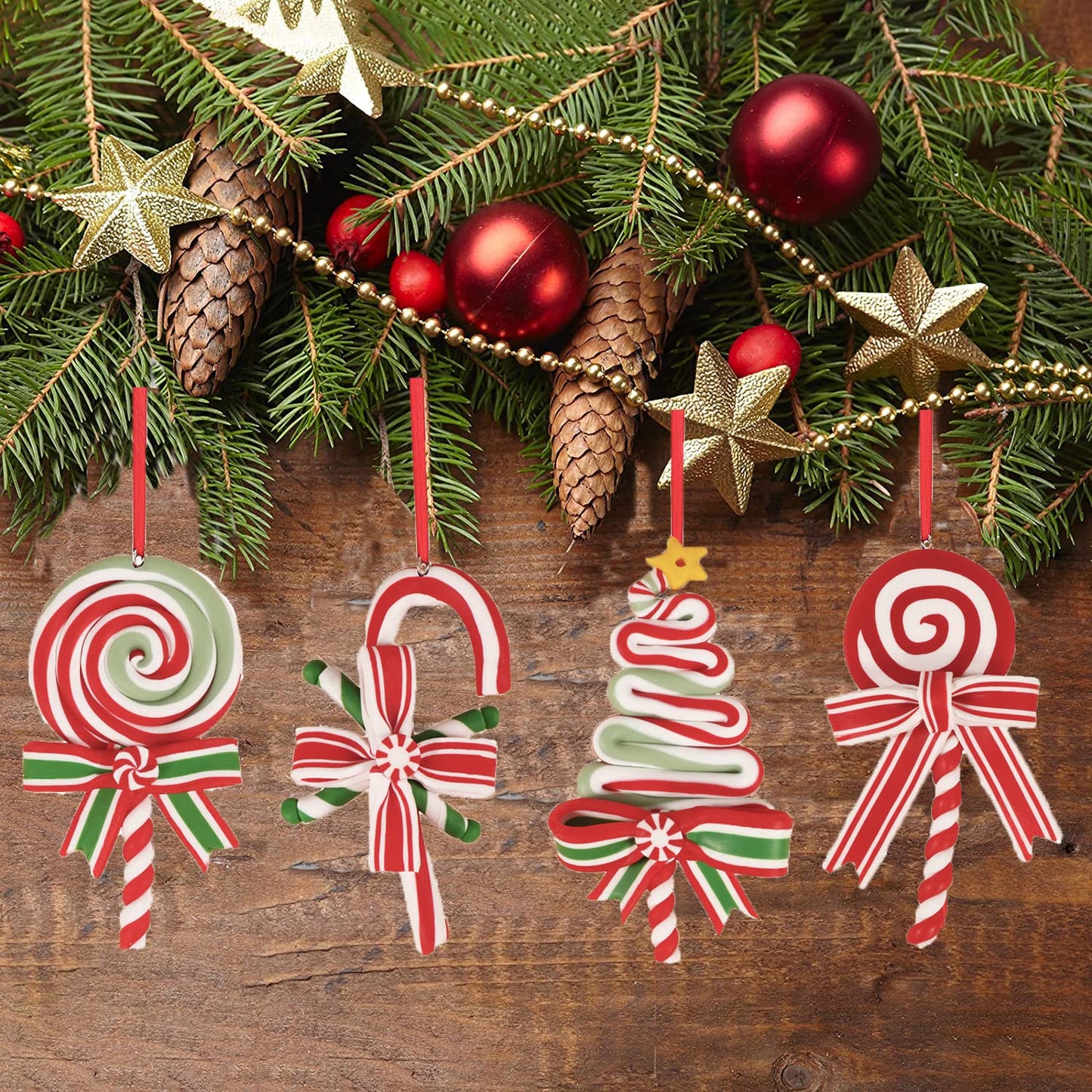 8 Pieces Christmas Tree Lollipop Ornaments Polymer Clay Candy Cane Hanging Decorations with Ribbon, Sweet Candy Pendant Xmas Tree Wreath Party Supplies