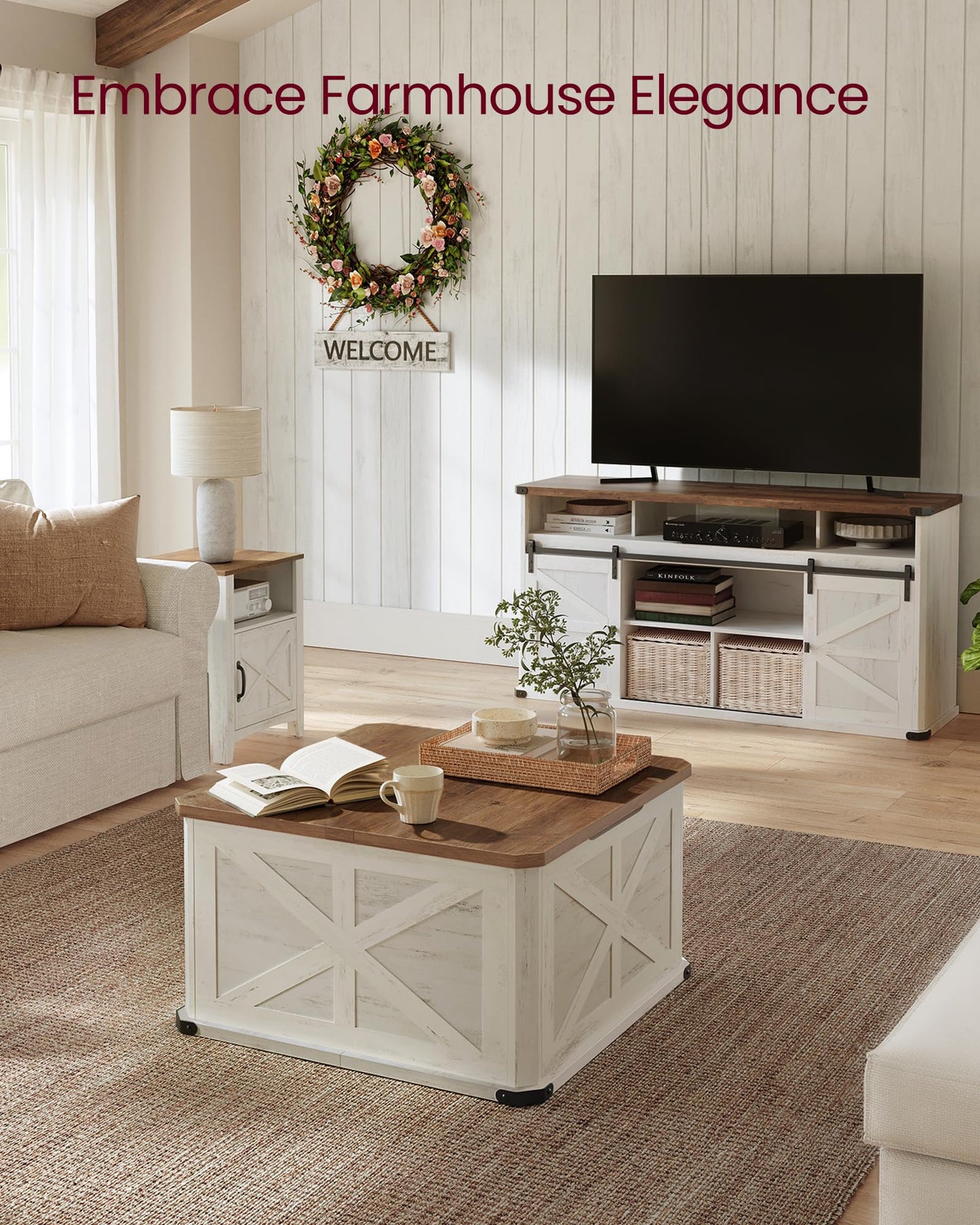 VASAGLE Farmhouse Coffee Table with Storage, Square Coffee Table for Living Room, Center Table with Flip-Top Lids, Honey Brown and Rustic White ULCT232W73