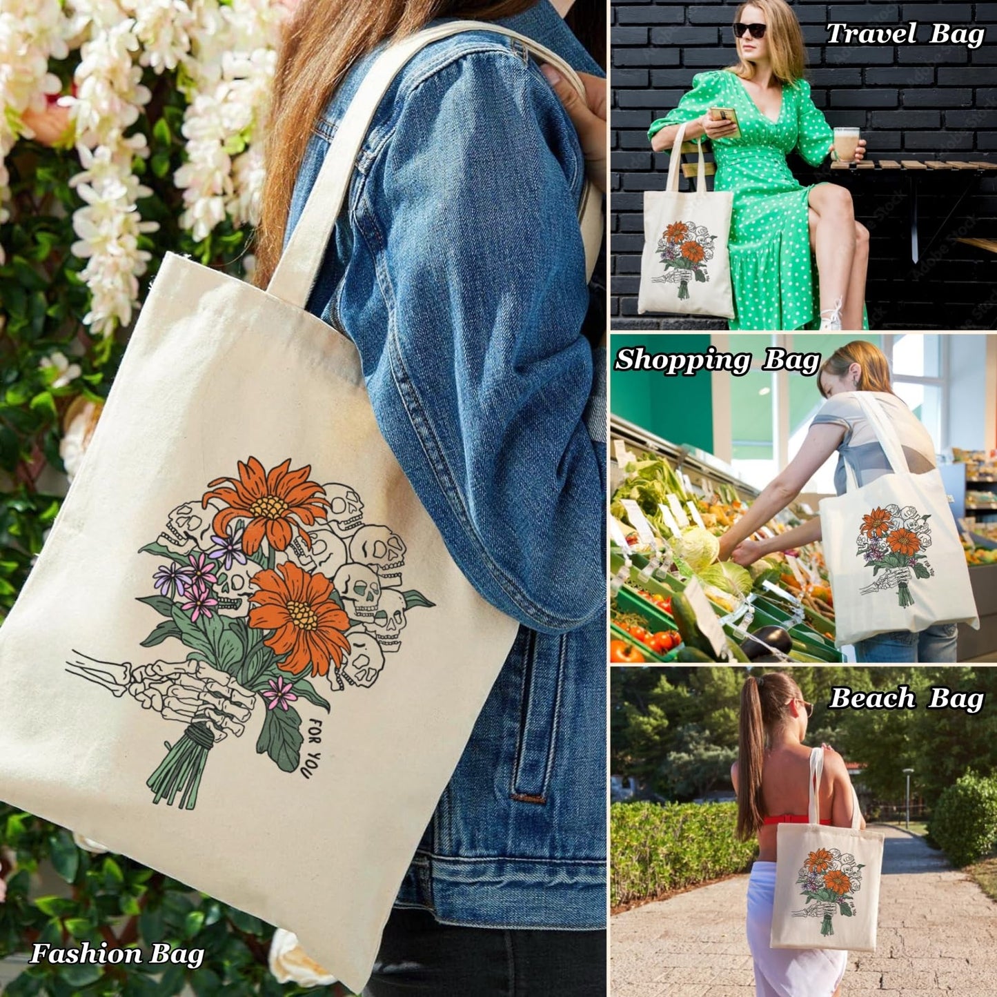 Nioobager Canvas Tote Bag for Women with Inner Pocket, Aesthetic Shoulder Book Bags Gift Totes Shopping Reusable Grocery Bags