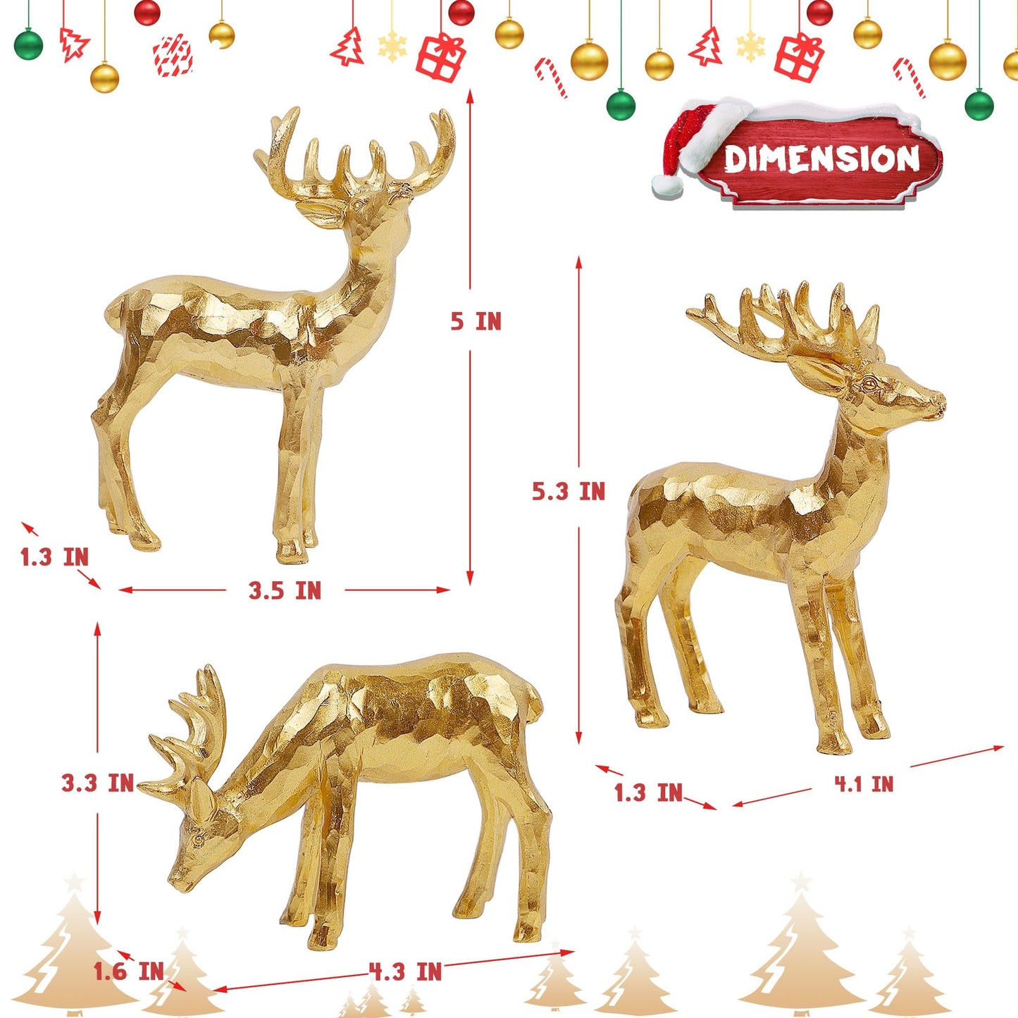 Lulu Home 3 PCS Christmas Tabletop Decorations, Resin Golden Reindeer Family Figurines with Diverse Postures, Xmas Holiday Winter Centerpieces Ornaments for Mantel Shelf Sill Home Office Decor