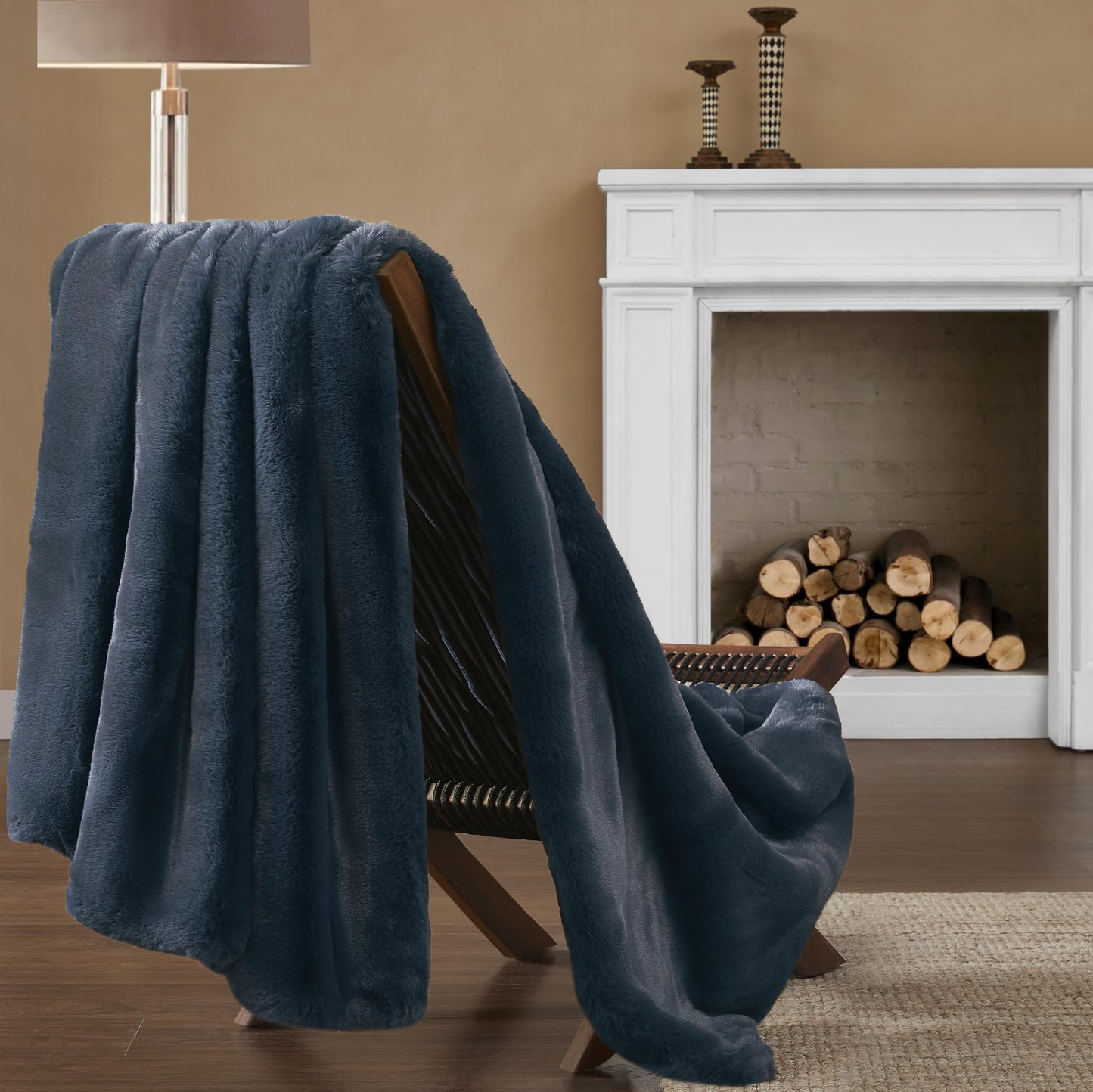 UGG 16804 Euphoria Plush Faux Fur Reversible Throw Blanket Easy Care Machine Washable Luxury Cozy Fuzzy Fluffy Luxurious Home Decor Luxurious Soft Blanket for Sofa, 70 x 50-Inch, Indigo