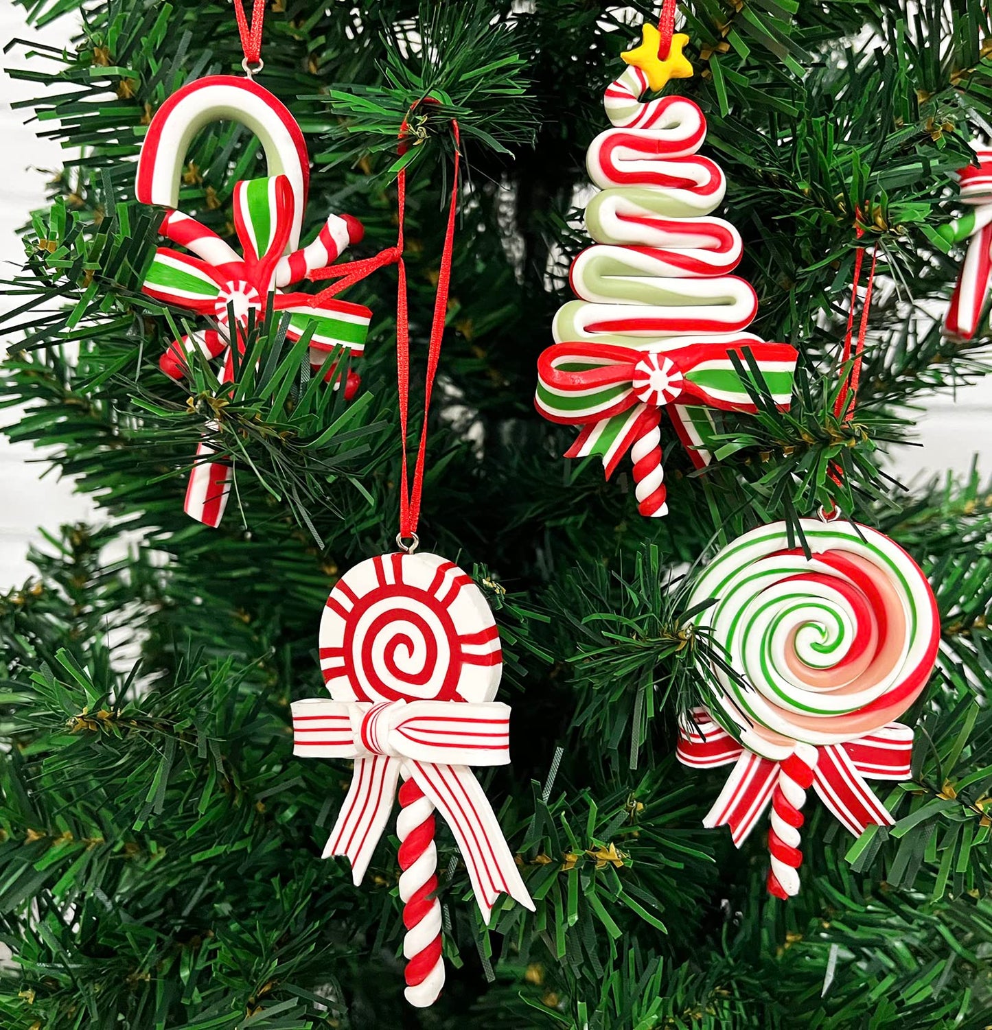 8 Pieces Christmas Tree Lollipop Ornaments Polymer Clay Candy Cane Hanging Decorations with Ribbon, Sweet Candy Pendant Xmas Tree Wreath Party Supplies