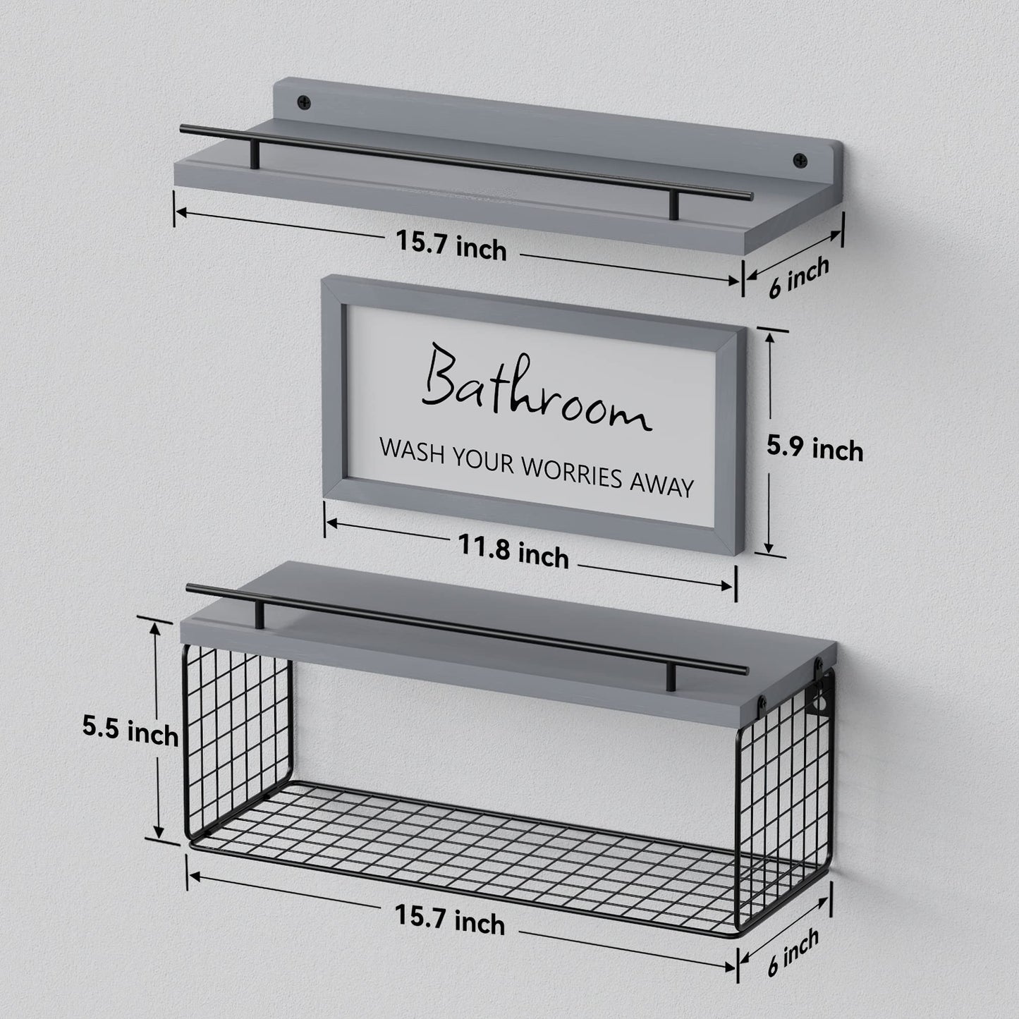 WOPITUES Floating Shelves for Bathroom Wall Decor Sign, Bathroom Organizers and Storage, Bathroom Shelves Over Toilet with Metal Guardrail-Grey