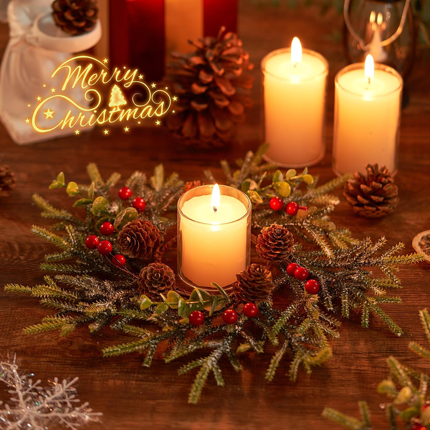 Mini Small Christmas Wreaths for Kitchen Cabinets-8pcs Christmas Candle Rings- Frosted Cedar Christmas Candle Rings Wreaths for Pillars/Window/Chair Wall-Christmas Table Centerpieces Decorations