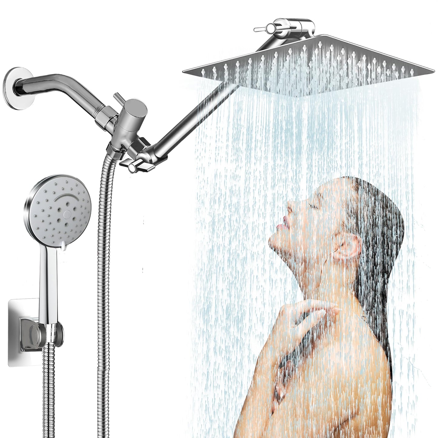 10 inch Rainfall Shower Head Combo Stainless Steel, THE FIRST WATERFALL mode, 10 Inch Rain Shower Head with Handheld 6 Spray Modes High Pressure, Overhead Shower Adjustable Extension Arm,Chrome