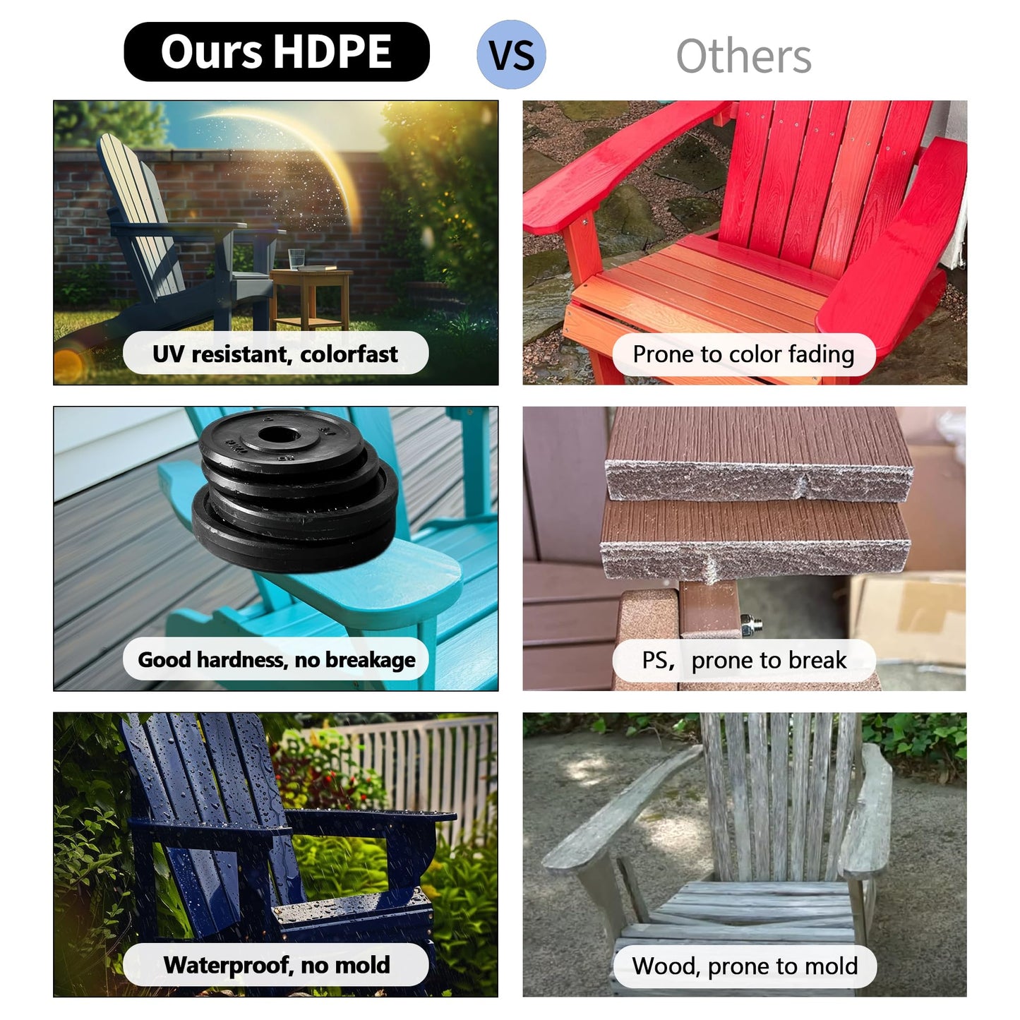 Plawdlik Folding Adirondack Chair, SGS Tested, Wooden Textured with Cup Holder, Heavy All-Weather HDPE Comfortable Set Poolside Backyard Lawn Black