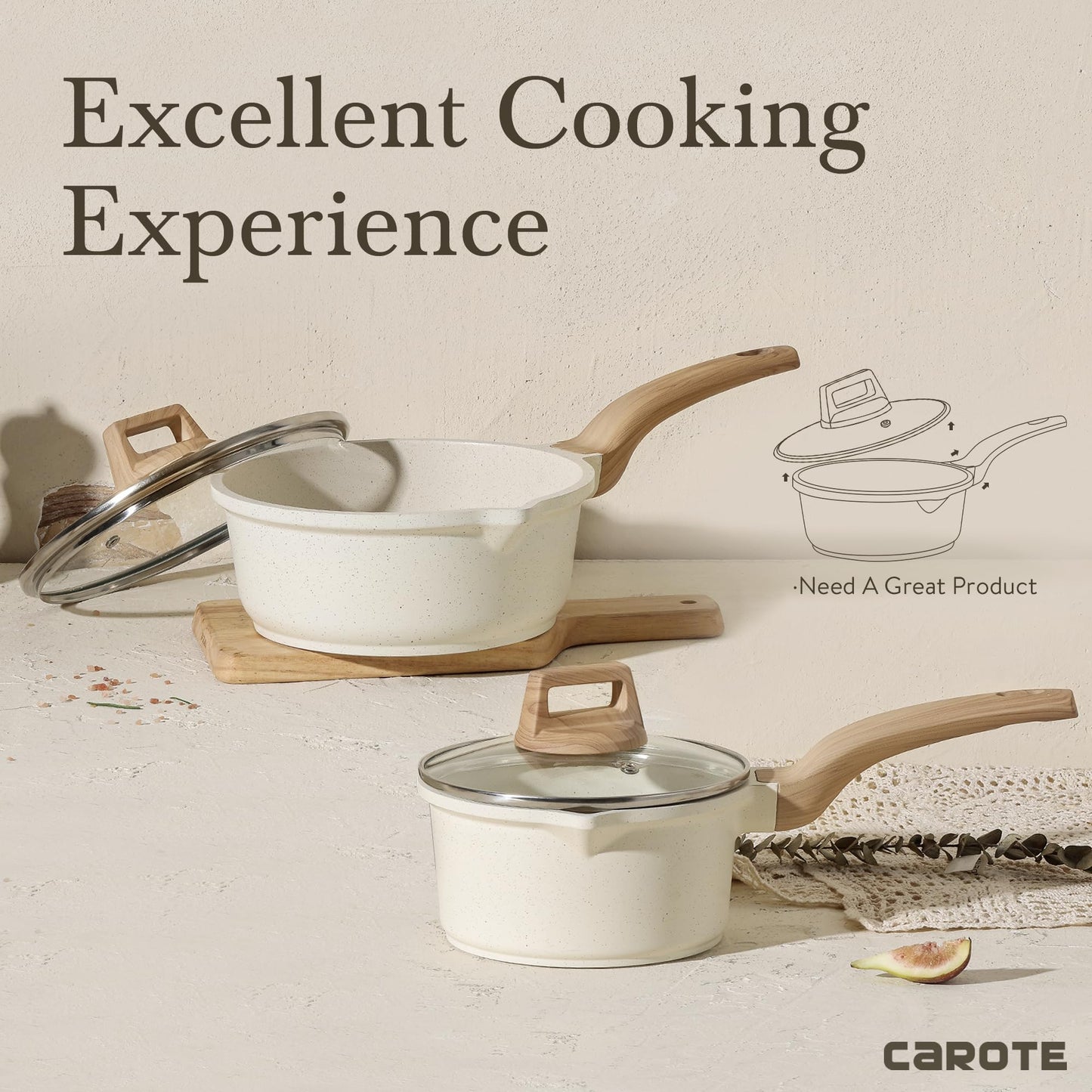 CAROTE 1.5Qt & 2.5Qt Sauce Pan Set with Lid Nonstick Saucepan 4 Pcs Non Stick Sauce Pots Cooking Pot with Pour Spout, Easy to Clean, Small Kitchen Pots Induction Pot, PFOA FREE (White Granite)