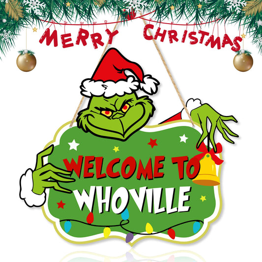 LOCOLY Christmas Decorations Hanging Signs, Christmas Door Sign, Merry Christmas Welcome to Whoville Sign for Holiday Xmas Door Decor Signs for Christmas Tree