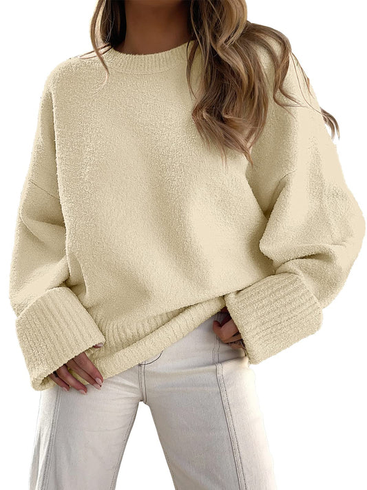 ANRABESS Women's Oversized Crewneck Long Sleeve Fuzzy Knit Casual Chunky Warm 2024 Fall Pullover Sweaters Top Trendy Outfits Almond X-Small