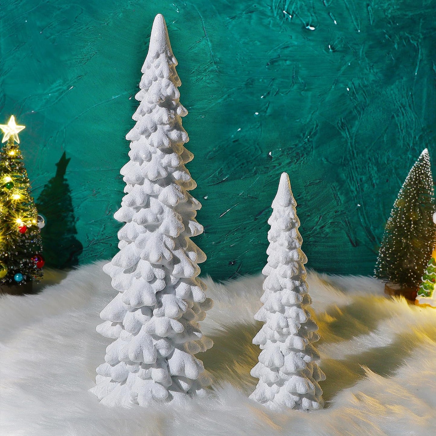 Juegoal Christmas Tree Table Decorations Set of 2, 9.5" White Glittered Xmas Pine Trees, Winter Snow Ornaments Tabletop Resin Trees Dinner Holiday Party Supplies Winter Mantle Shelf Centerpieces Decor