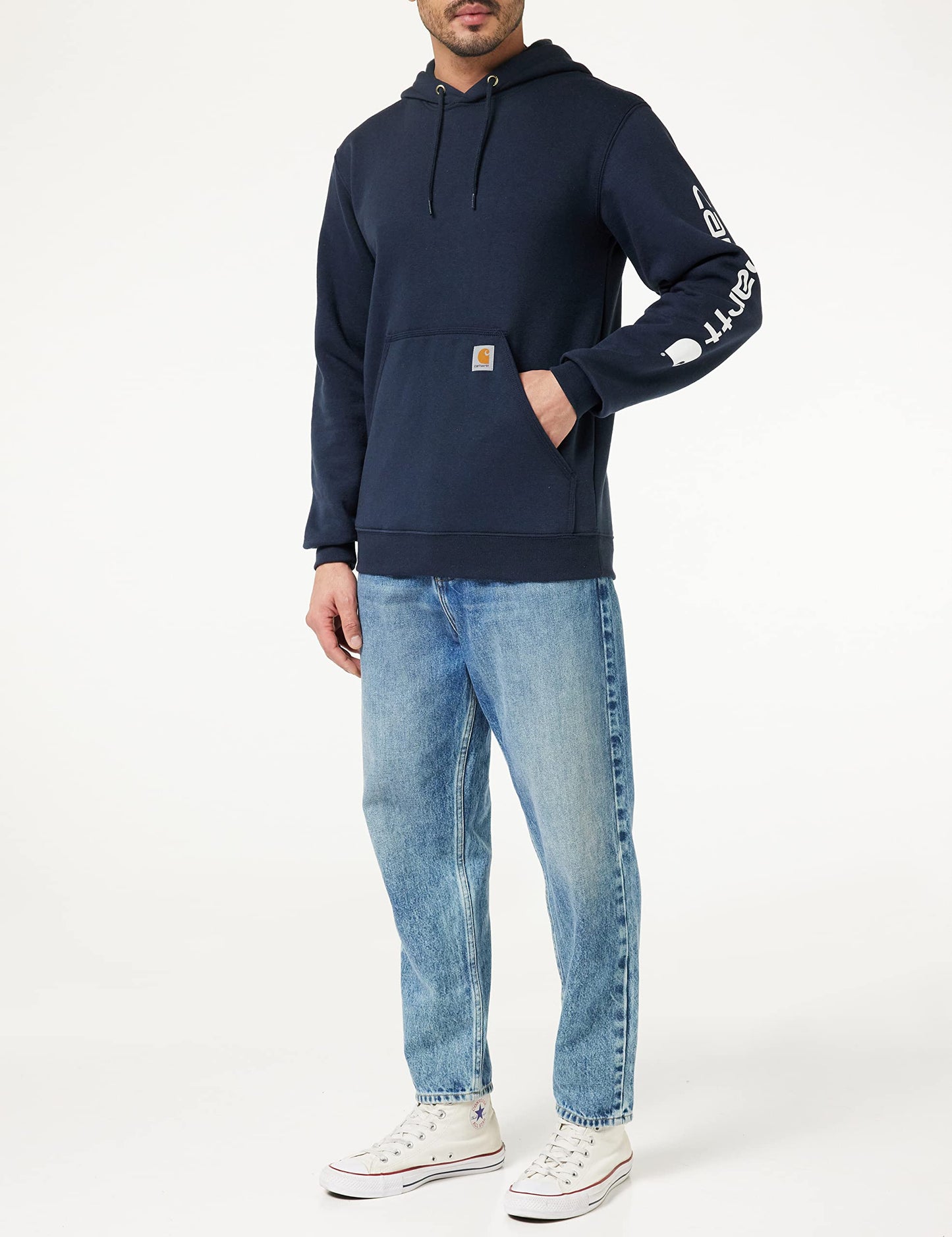 Carhartt Men's Loose Fit Midweight Logo Sleeve Graphic Sweatshirt (Also Available in Big & Tall), New Navy, X-Small