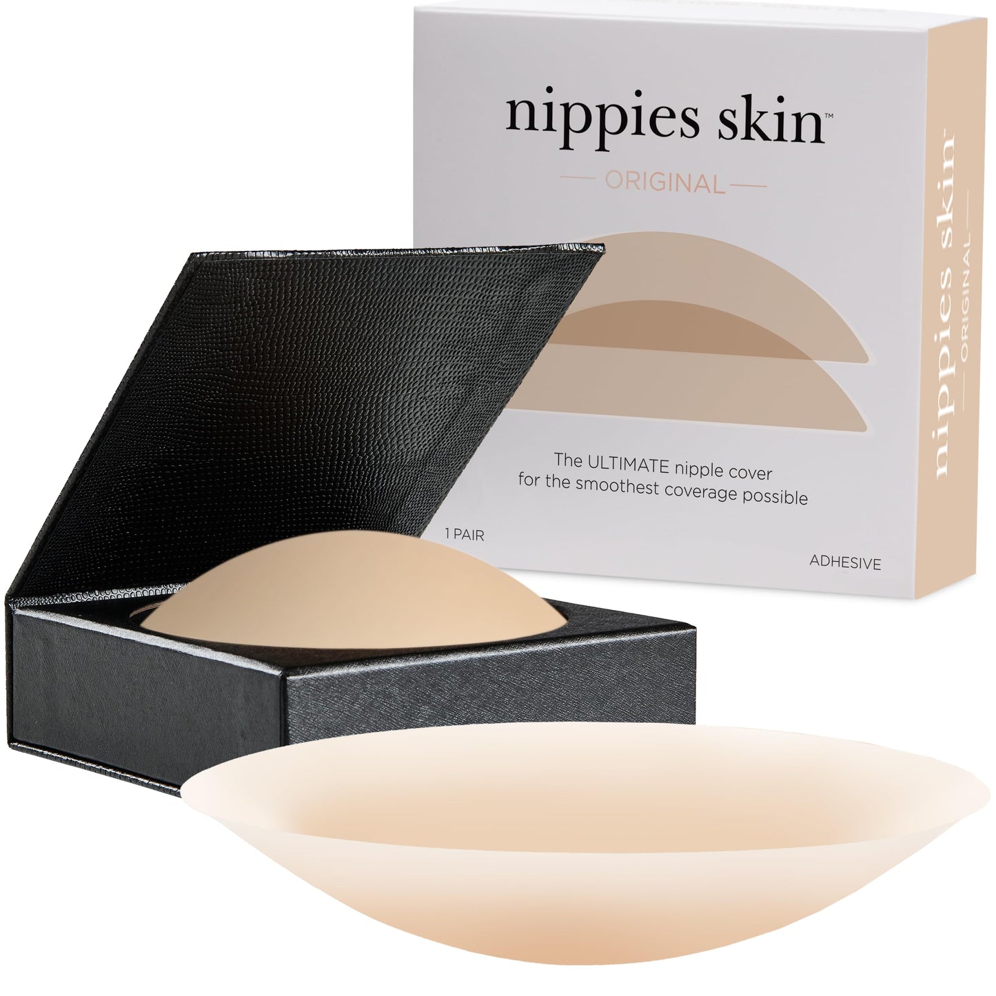 Nippies Nipple Cover - Sticky Adhesive Silicone Nipple Pasties - Reusable Pasty Nipple Covers for Women with Travel Box (Small (Fits A-C Cups), Original, Crème)