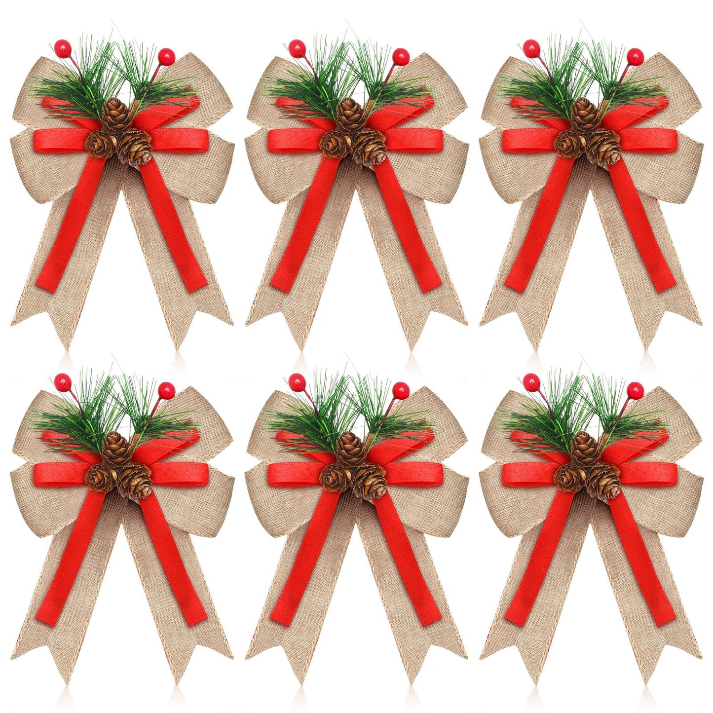 Moucuny 6 Pcs Christmas Burlap Bow with Pine Cones Pine Needles Xmas Burlap Ribbon Bow Christmas Tree Decoration Bows for Christmas Parties Indoor Outdoor Crafts DIY Decor