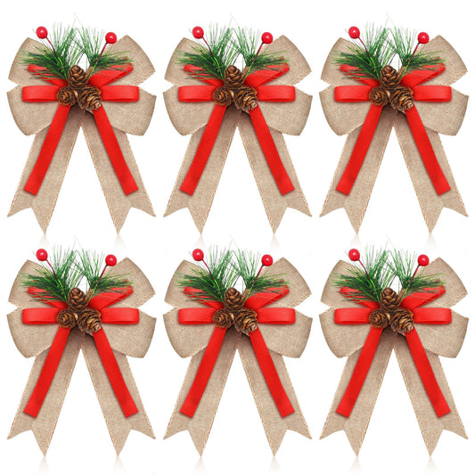 Moucuny 6 Pcs Christmas Burlap Bow with Pine Cones Pine Needles Xmas Burlap Ribbon Bow Christmas Tree Decoration Bows for Christmas Parties Indoor Outdoor Crafts DIY Decor