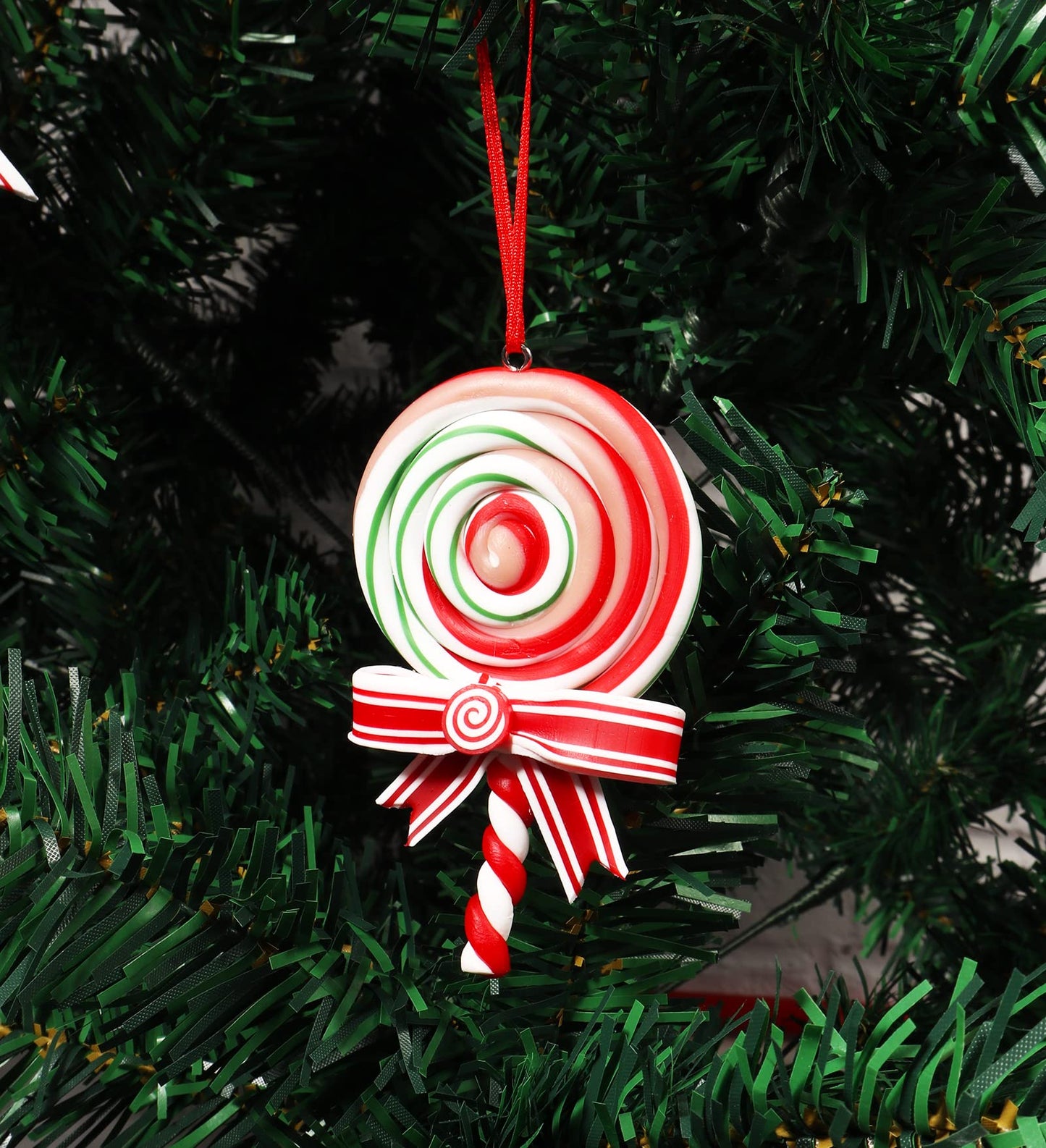 8 Pieces Christmas Tree Lollipop Ornaments Polymer Clay Candy Cane Hanging Decorations with Ribbon, Sweet Candy Pendant Xmas Tree Wreath Party Supplies