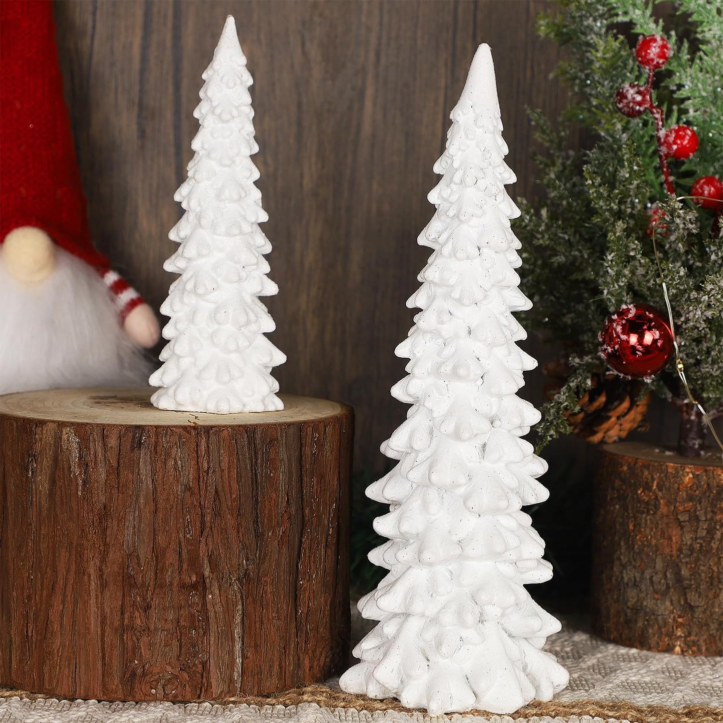 Juegoal Christmas Tree Table Decorations Set of 2, 9.5" White Glittered Xmas Pine Trees, Winter Snow Ornaments Tabletop Resin Trees Dinner Holiday Party Supplies Winter Mantle Shelf Centerpieces Decor