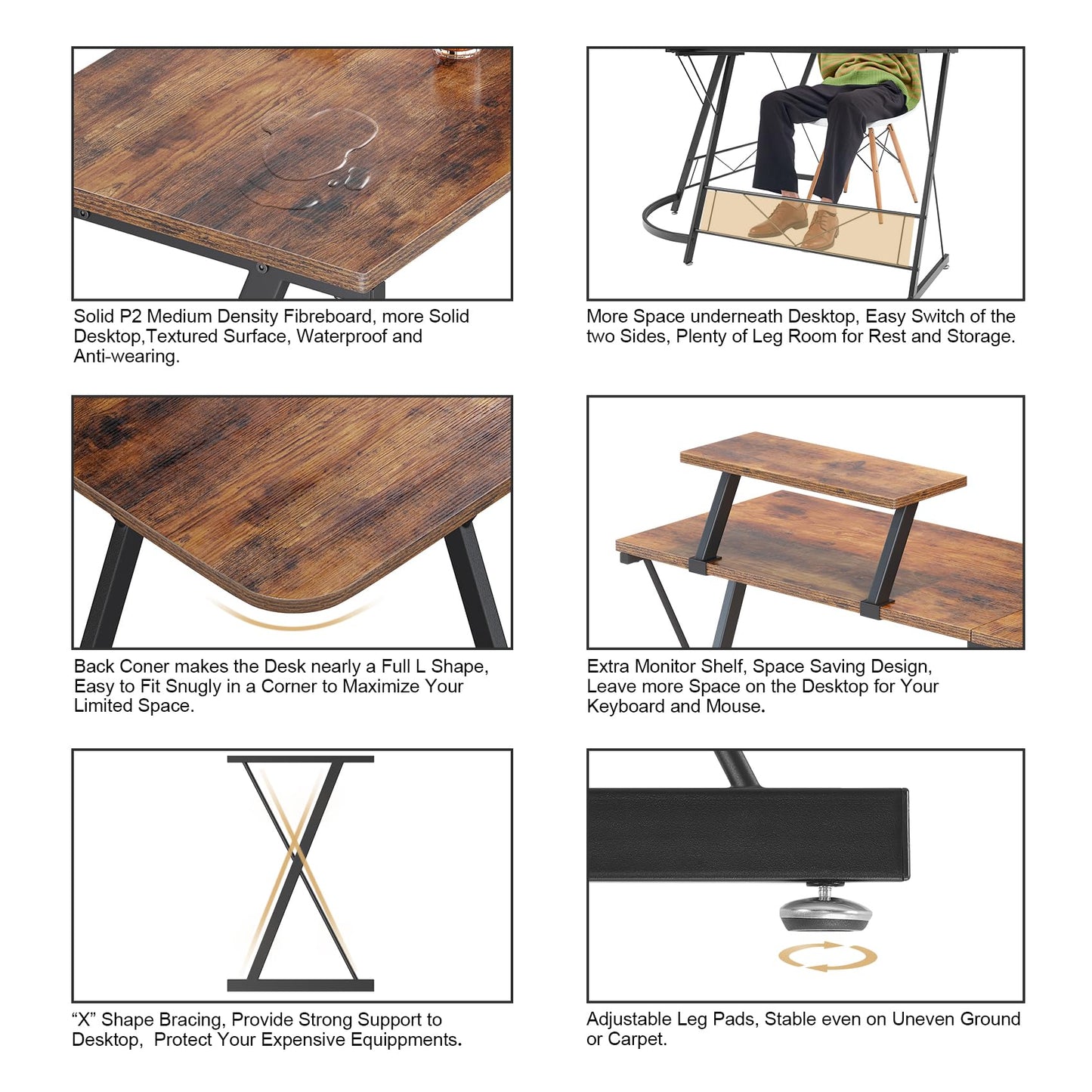 Mr IRONSTONE L Shaped Computer Desk: Corner Desk, Home Office Desk, Gaming Writing Workstation with Large Monitor Stand, Easy to Assemble (Rustic Brown,51 Inch)