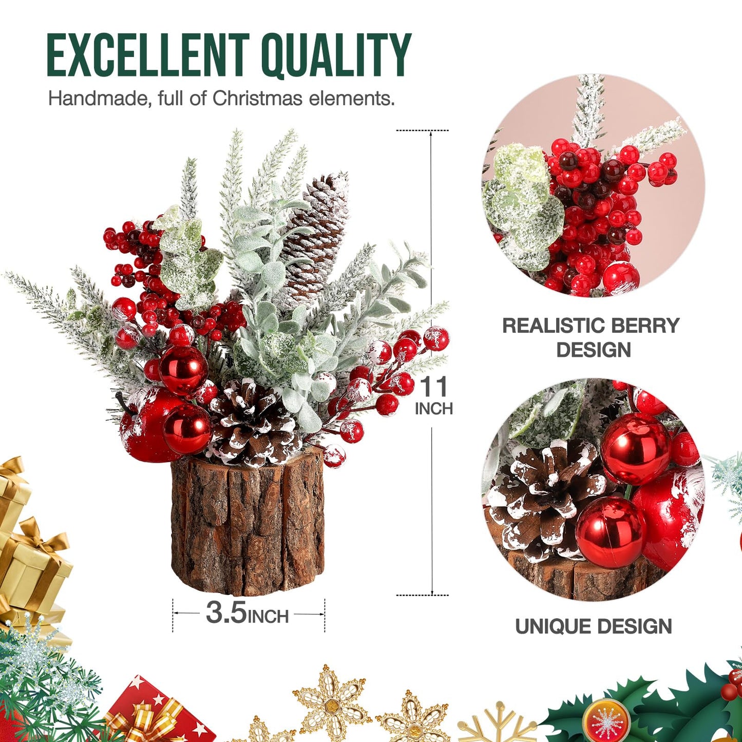 Hatisan Small Tabletop Christmas Tree with Ornaments, Pine Cones, and Berries - For Home Decor