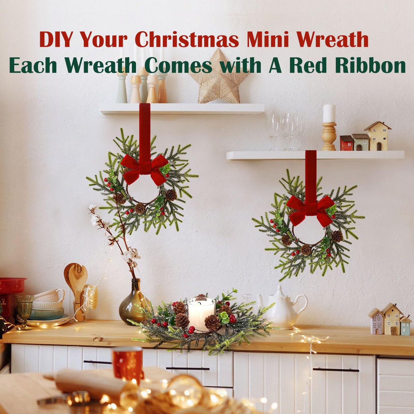 Mini Small Christmas Wreaths for Kitchen Cabinets-8pcs Christmas Candle Rings- Frosted Cedar Christmas Candle Rings Wreaths for Pillars/Window/Chair Wall-Christmas Table Centerpieces Decorations