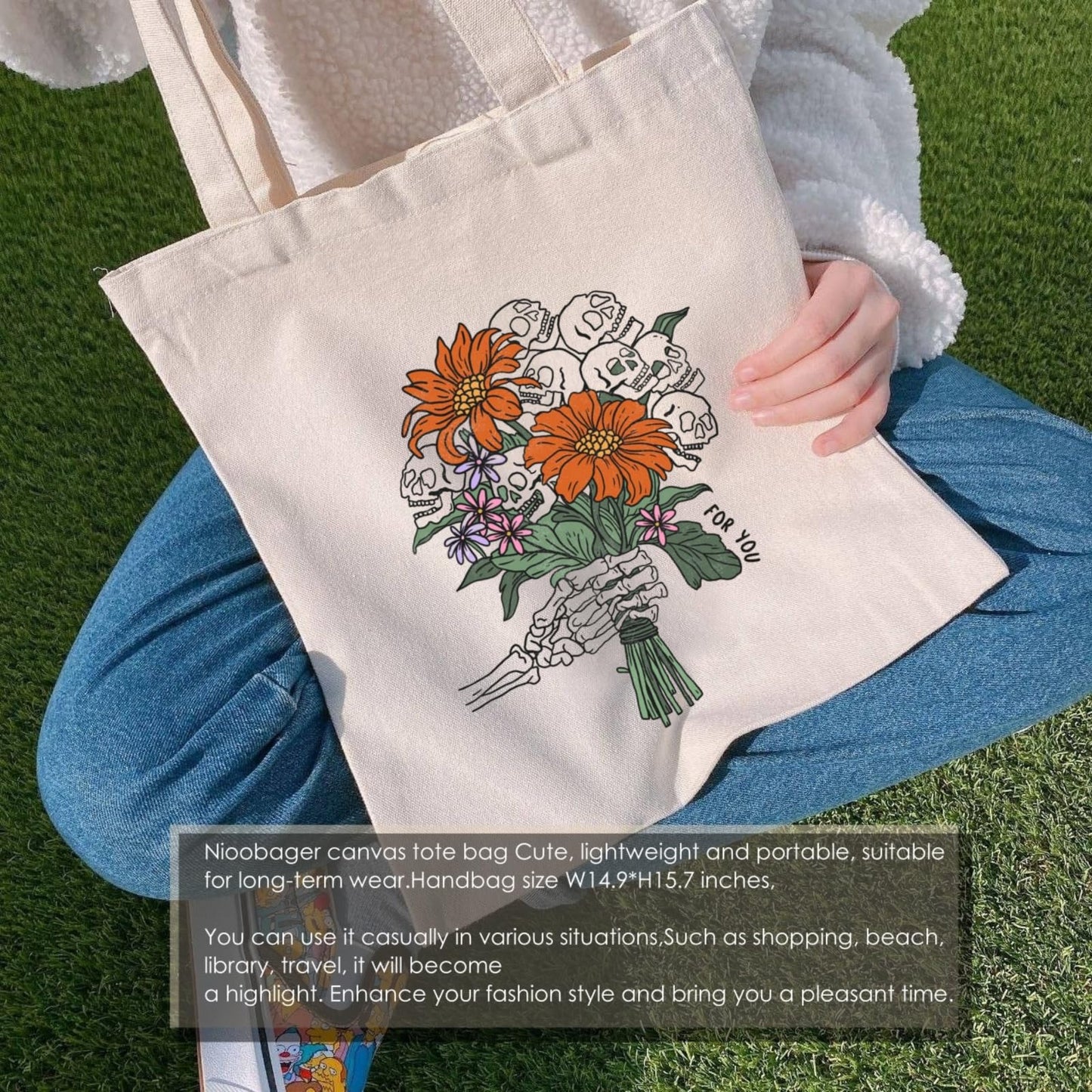 Nioobager Canvas Tote Bag for Women with Inner Pocket, Aesthetic Shoulder Book Bags Gift Totes Shopping Reusable Grocery Bags