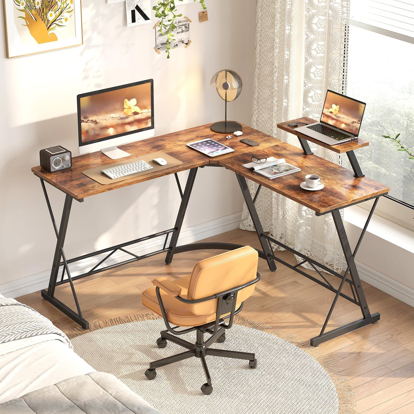 Mr IRONSTONE L Shaped Computer Desk: Corner Desk, Home Office Desk, Gaming Writing Workstation with Large Monitor Stand, Easy to Assemble (Rustic Brown,51 Inch)