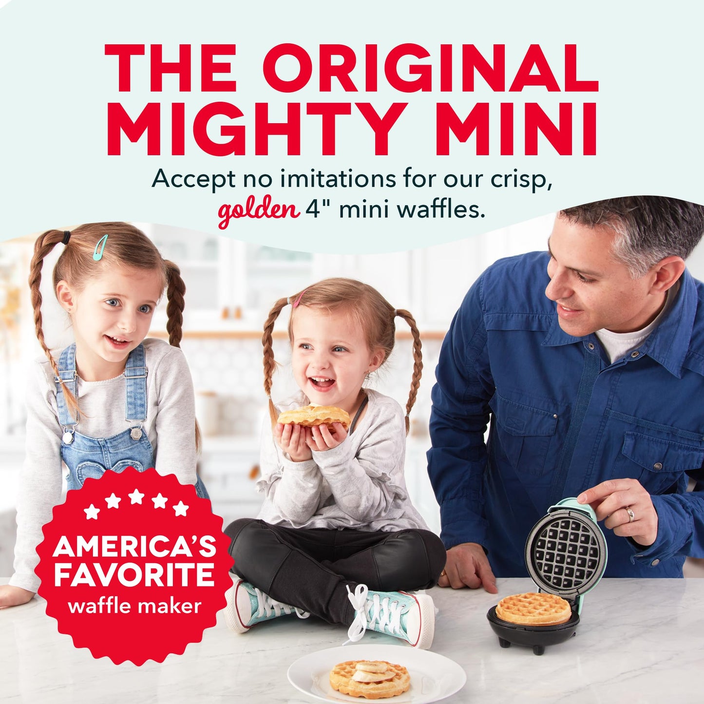 DASH Mini Waffle Maker - 4” Waffle Mold, Nonstick Waffle Iron with Quick Heat-Up, PTFE Nonstick Surface - Perfect Mini Waffle Maker for Kids and Families, Just Add Batter (Aqua)