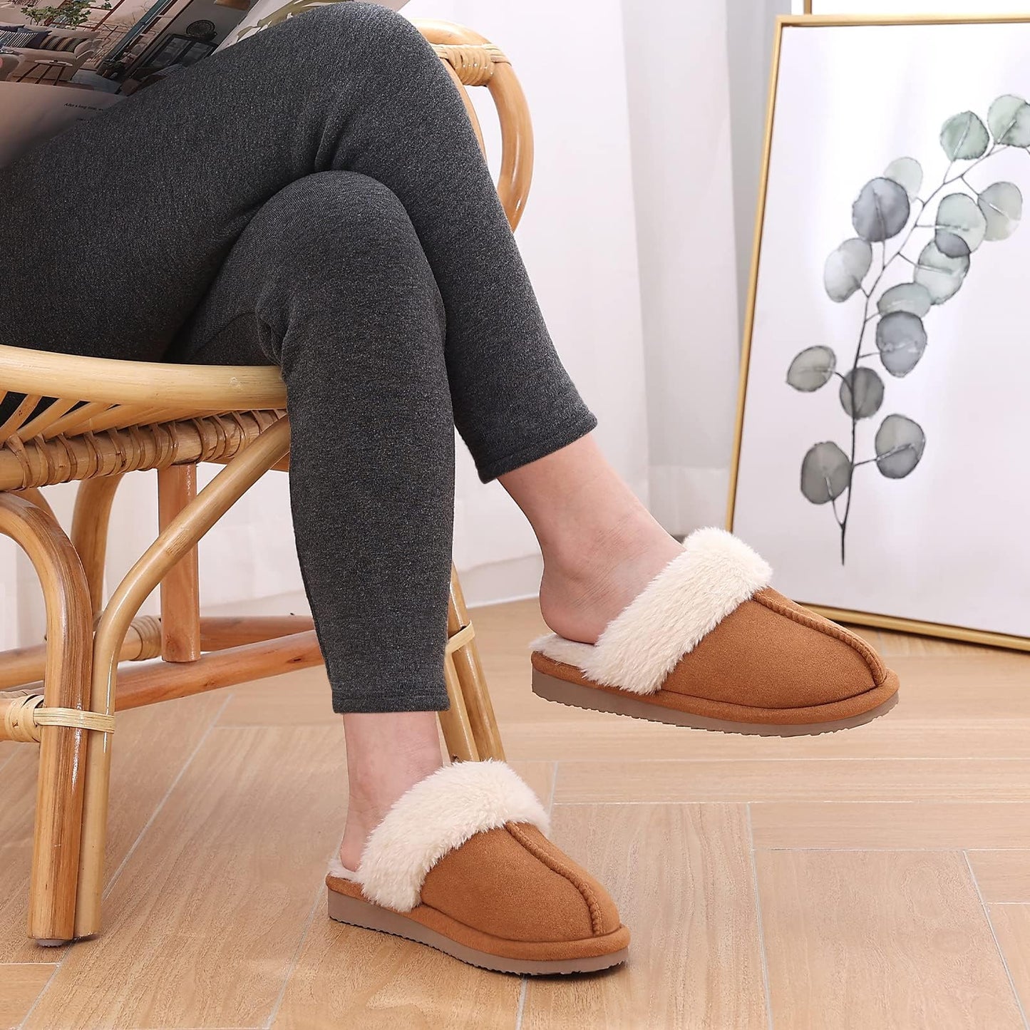 Litfun Women's Fuzzy Memory Foam Slippers Fluffy Winter House Shoes Indoor and Outdoor, Chestnut 5.5-6