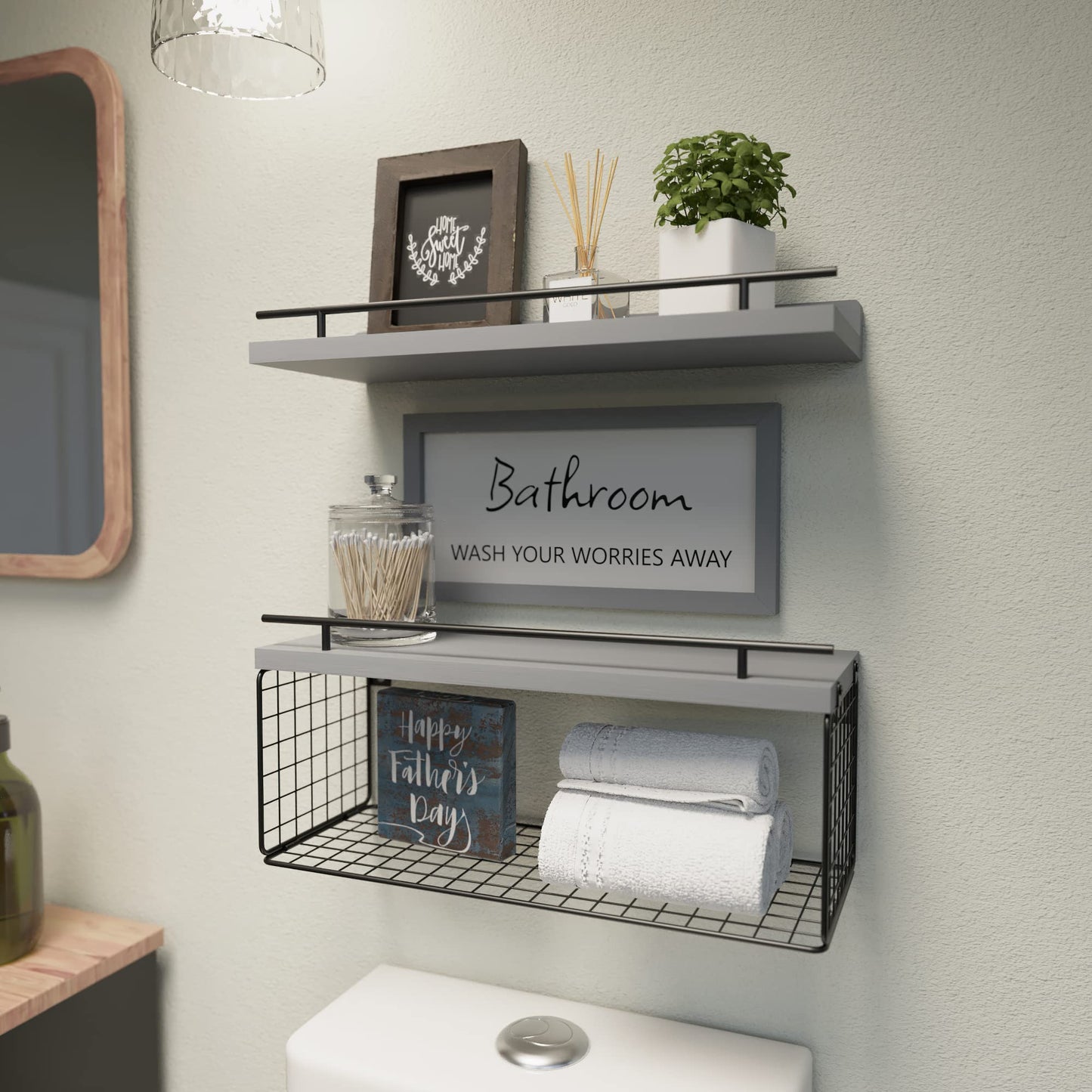 WOPITUES Floating Shelves for Bathroom Wall Decor Sign, Bathroom Organizers and Storage, Bathroom Shelves Over Toilet with Metal Guardrail-Grey