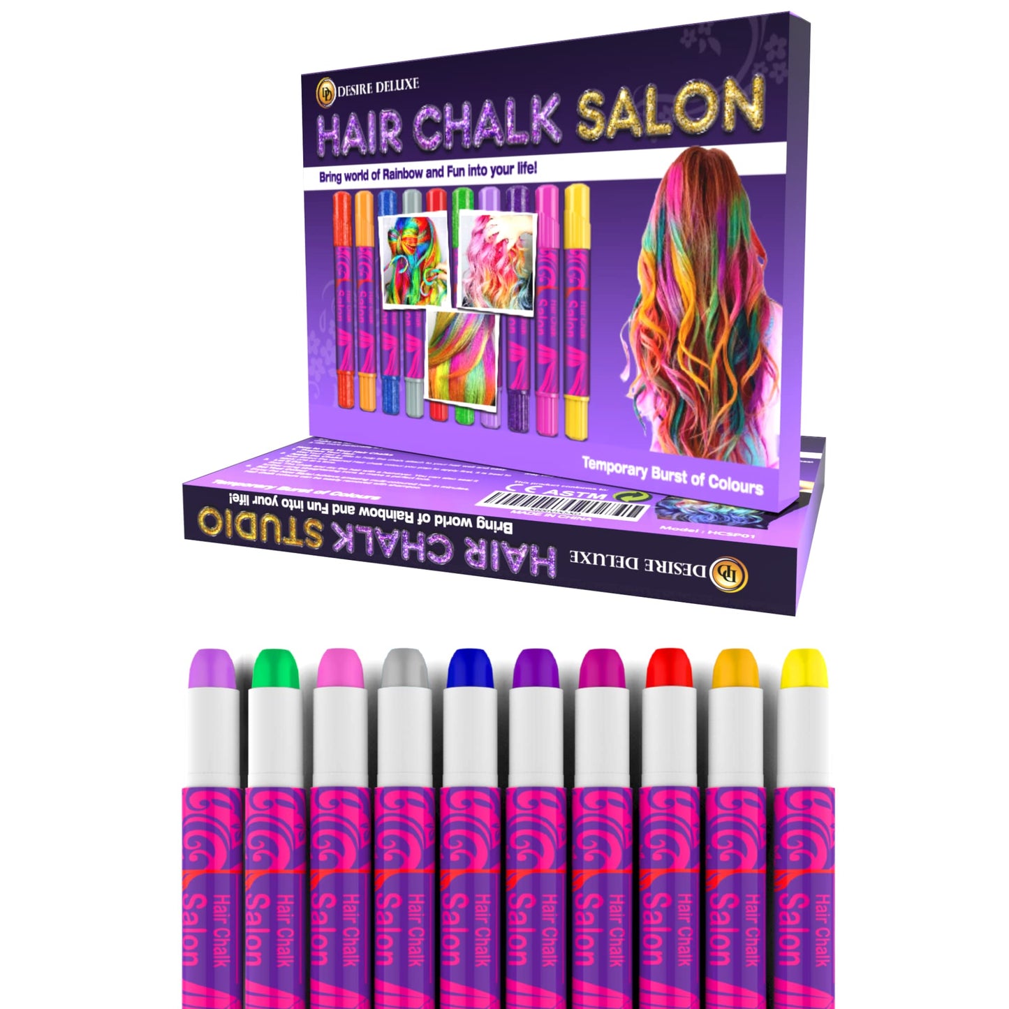 Desire Deluxe Hair Chalk for Girls Makeup Kit of 10 Temporary Colour Pens Gifts, Great Toy for Kids Age 5 6 7 8 9 10 11 12 13 Years Old, "Blue,Green,Grey,Pink,Purple