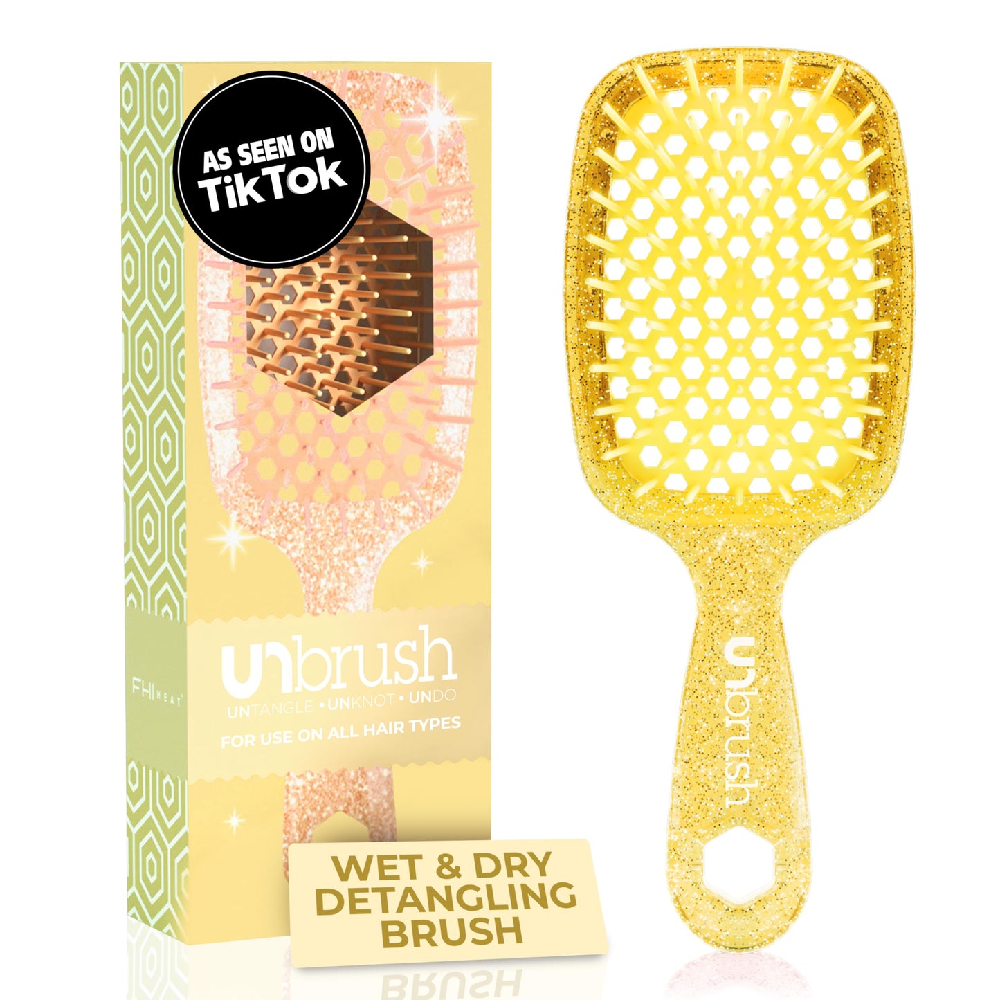 FHI Heat UNbrush Detangling Brush for Pain-Free Brushing on All Wet or Dry Hair Types — Durable DuoFlex Anti-Static Bristles, Lightweight Handle, Vented Hair Brush, Amber Yellow