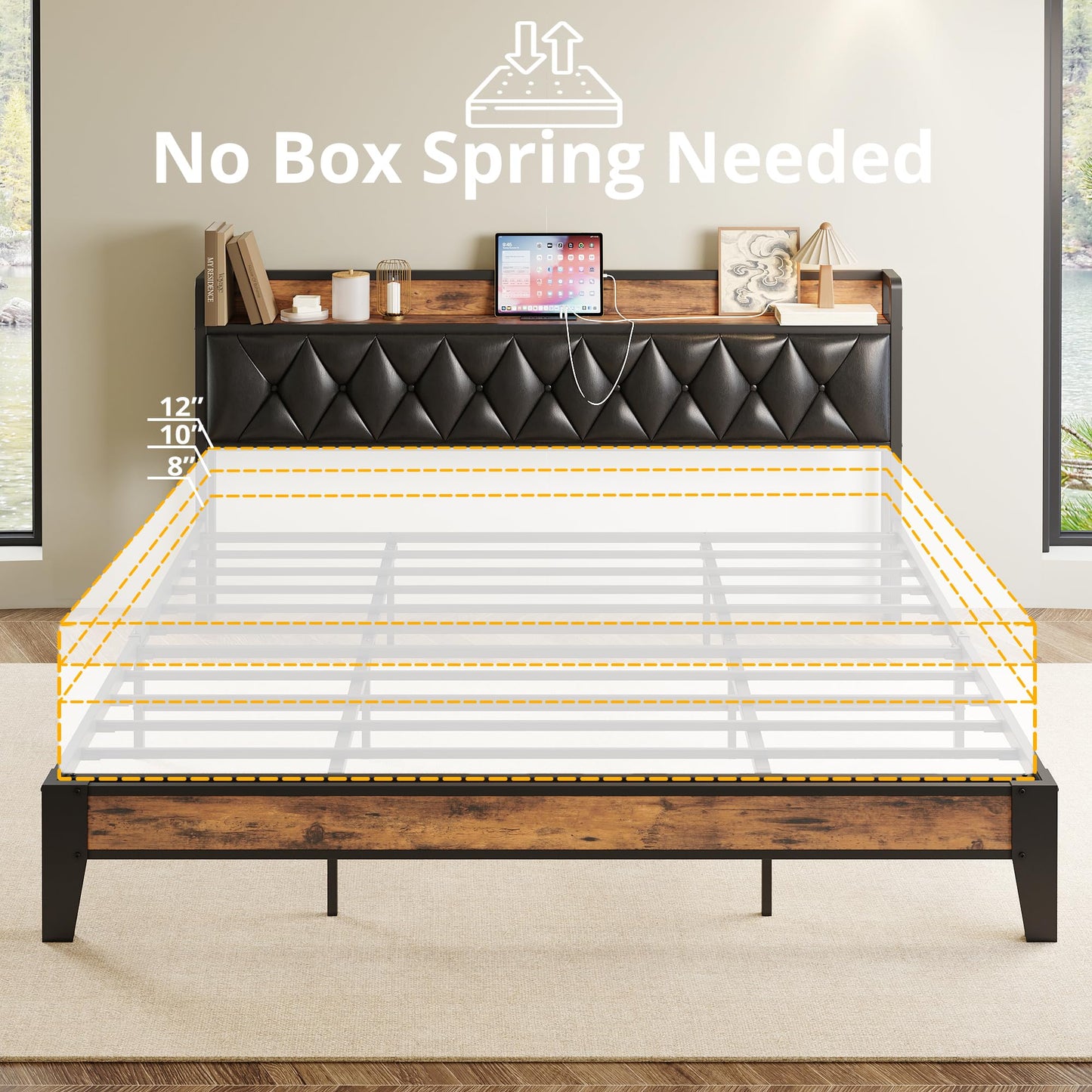 ANCTOR King Bed Frame, Storage Headboard with Outlets, Easy to Install, Sturdy and Stable, No Noise, No Box Springs Needed, Rustic Brown and Black