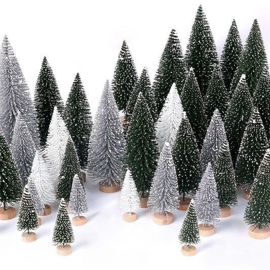 30Pcs Mini Christmas Trees Artificial Christmas Tree Bottle Brush Trees with Wooden Base for Christmas Decor Christmas Party Home Table Craft Decorations(Green+Silver+White)