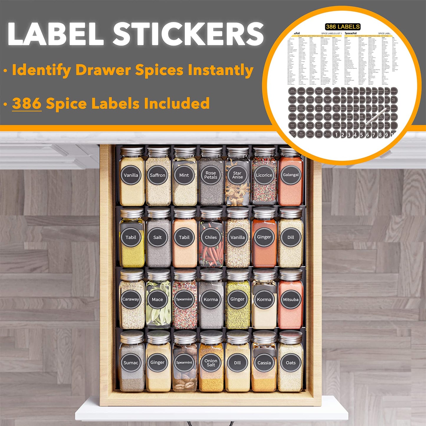 SpaceAid Spice Drawer Organizer with 28 Spice Jars, 386 Spice Labels, 4 Tier Seasoning Rack Tray Insert for Kitchen Drawers, 13" Wide x 17.5" Deep
