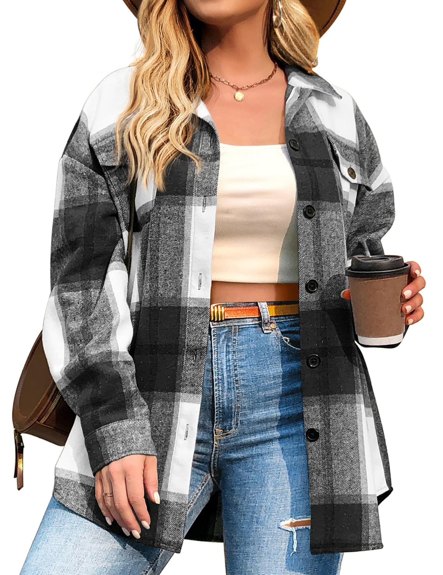 IN'VOLAND Women's Flannel Plaid Shacket Casual Button Down Long Sleeve Flannel Shirts Plus Size Black Fall Tartan Jacket 26W