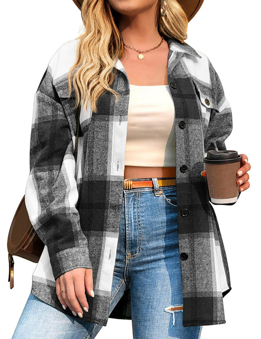 IN'VOLAND Women's Flannel Plaid Shacket Casual Button Down Long Sleeve Flannel Shirts Plus Size Black Fall Tartan Jacket 26W