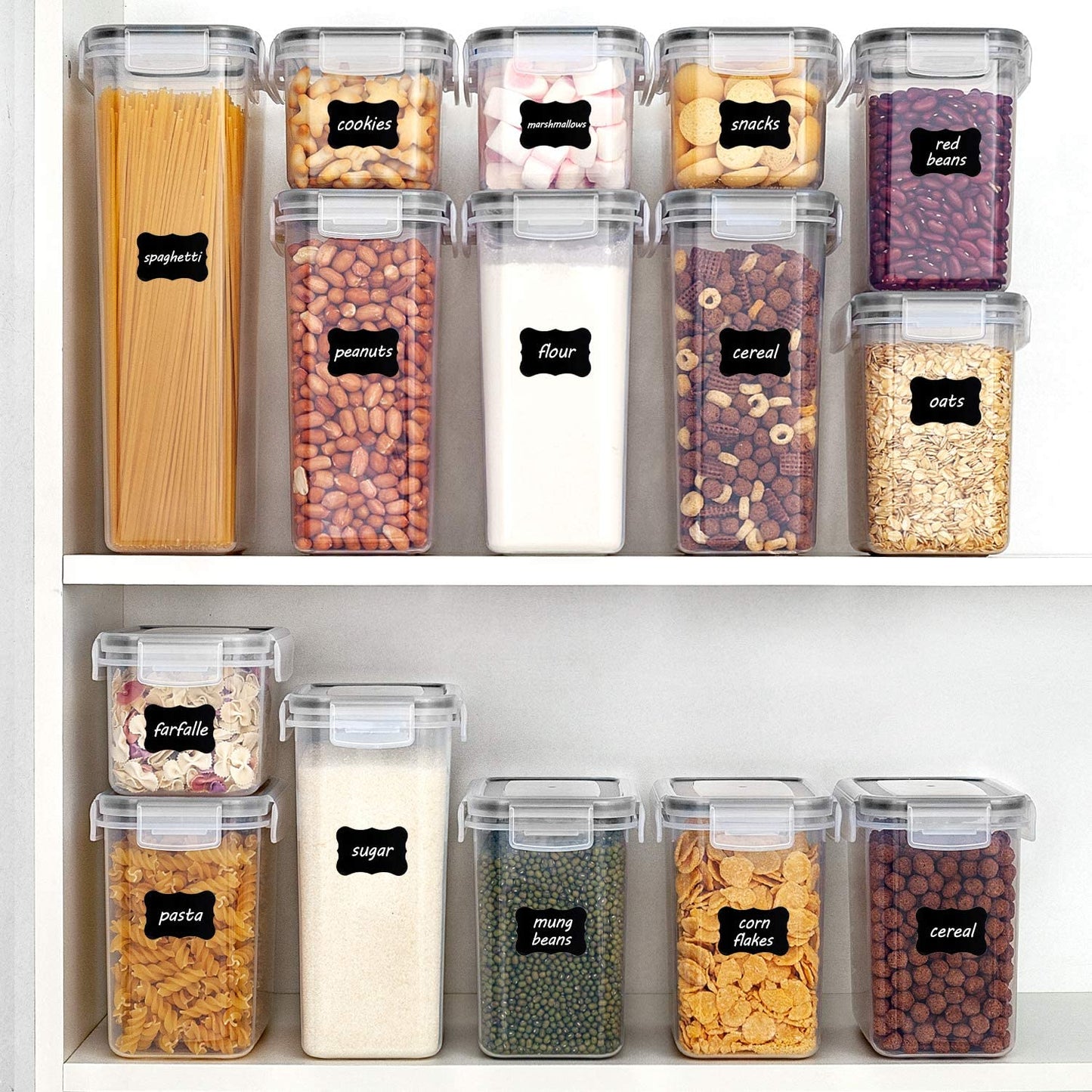 Airtight Food Storage Containers with Lids, Vtopmart 24 pcs Plastic Kitchen and Pantry Organization Canisters for Cereal, Dry Food, Flour and Sugar, BPA Free, Includes 24 Labels，Black