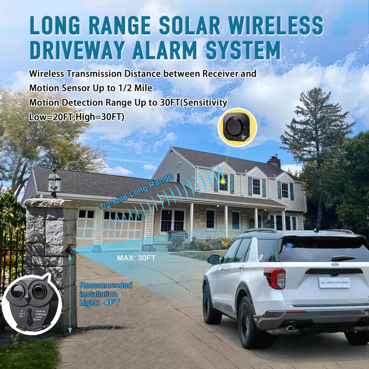 1/2 Mile Long Range Solar Wireless Driveway Alarm System IP65 Weatherproof Outdoor Motion Detectors&Sensor 120dB Siren Sound Light Security Alert System Monitor&Protect Outdoor/Indoor Property(1R1S)