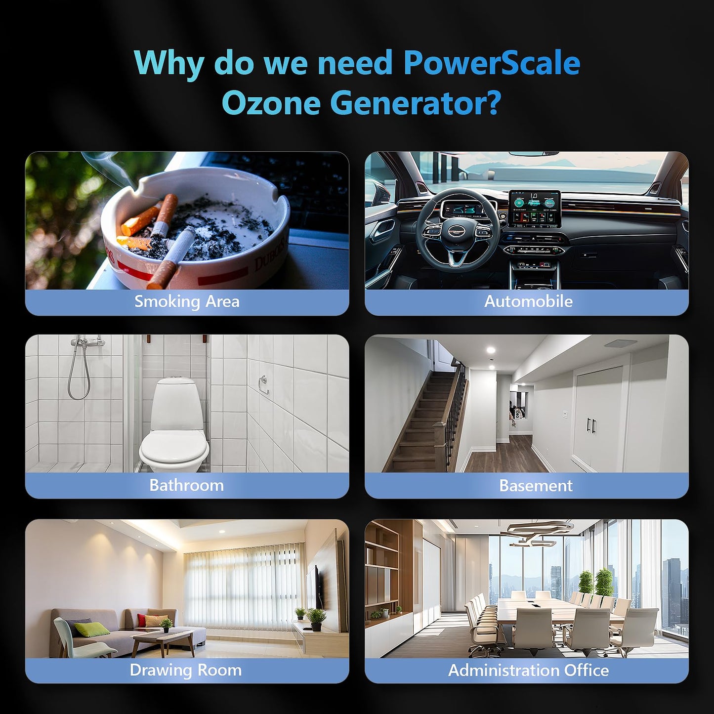 PowerScale Ozone Generator 55,000mg/h OZB1 Ozone Odor Eliminator Commercial Ozone Machine Odor Removal, For Home, Car, Pet Room Ozone Machine - High Capacity Ionizer Ozone Air Purifier, Black