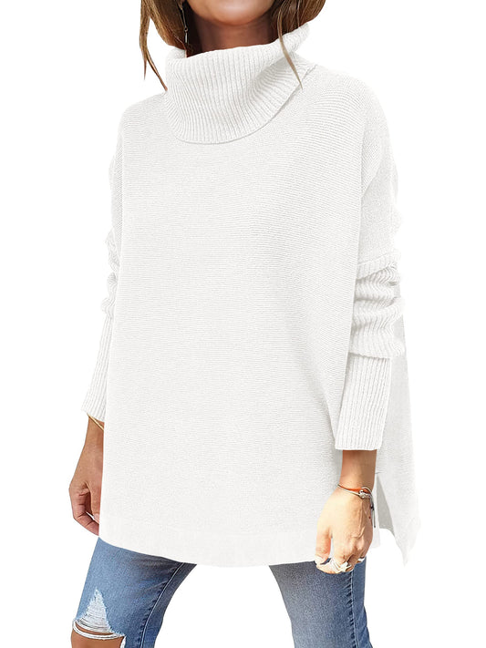 ANRABESS Women's Oversized Turtleneck Batwing Sleeve Spilt Casual Loose Knit Tunic Pullover Sweater Tops 2024 Fall Outfits White Medium