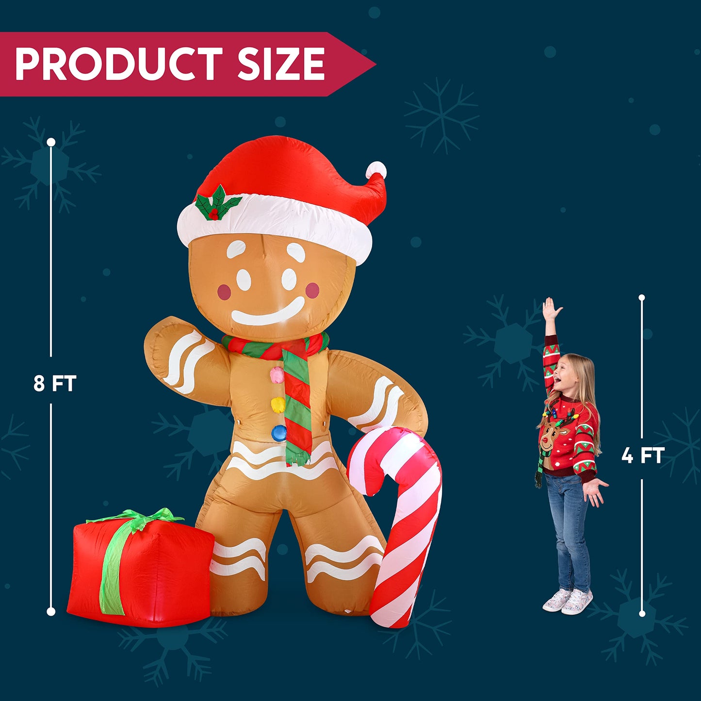 Joiedomi 8 FT Christmas Inflatable Gingerbread Man with Candy Cane, Blow Up Inflatable Yard Decoration with Build-in LEDs Inflatable for Christmas, Party Indoor, Outdoor, Yard, Garden, Lawn Décor