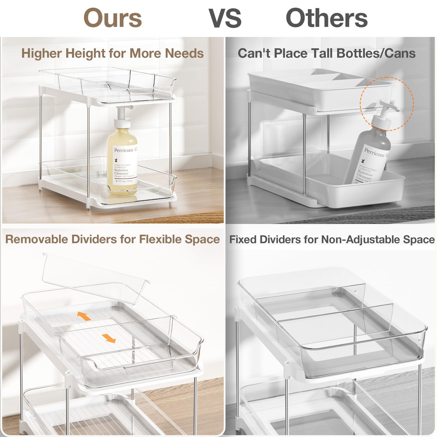 Delamu 2-Tier Multi-Purpose Bathroom Cabinet Organizer, Pull Out Under Sink Organizers and Storage, Stackable Pantry Organization and Storage, Clear Under Cabinet Storage with Movable Dividers