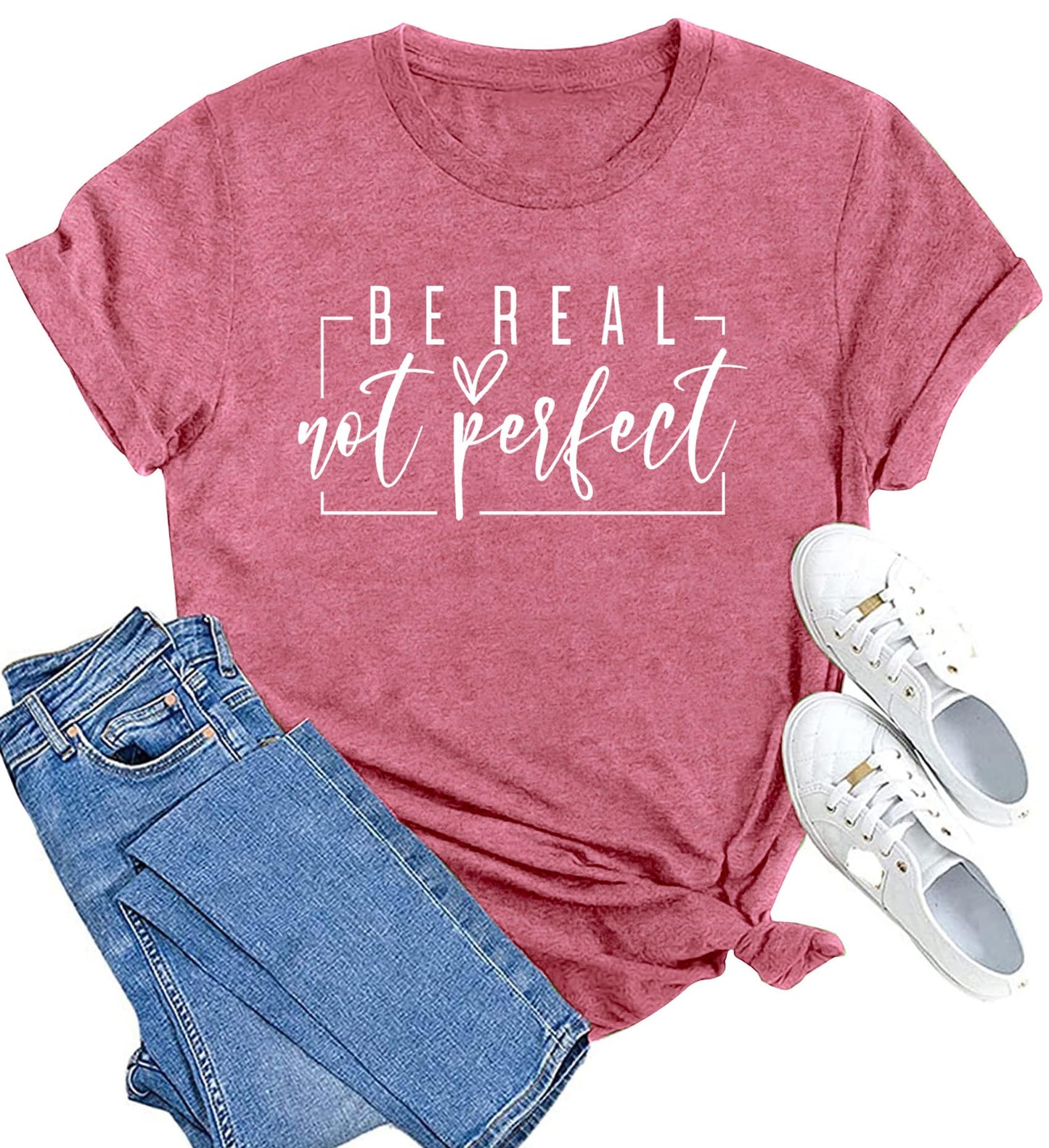 MAIHUN Womens Kindness Shirt Be Real Not Perfect Tshirt Inspirational Positive Short Sleeve Pink