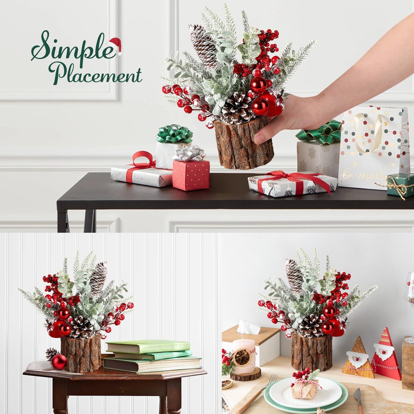 Hatisan Small Tabletop Christmas Tree with Ornaments, Pine Cones, and Berries - For Home Decor