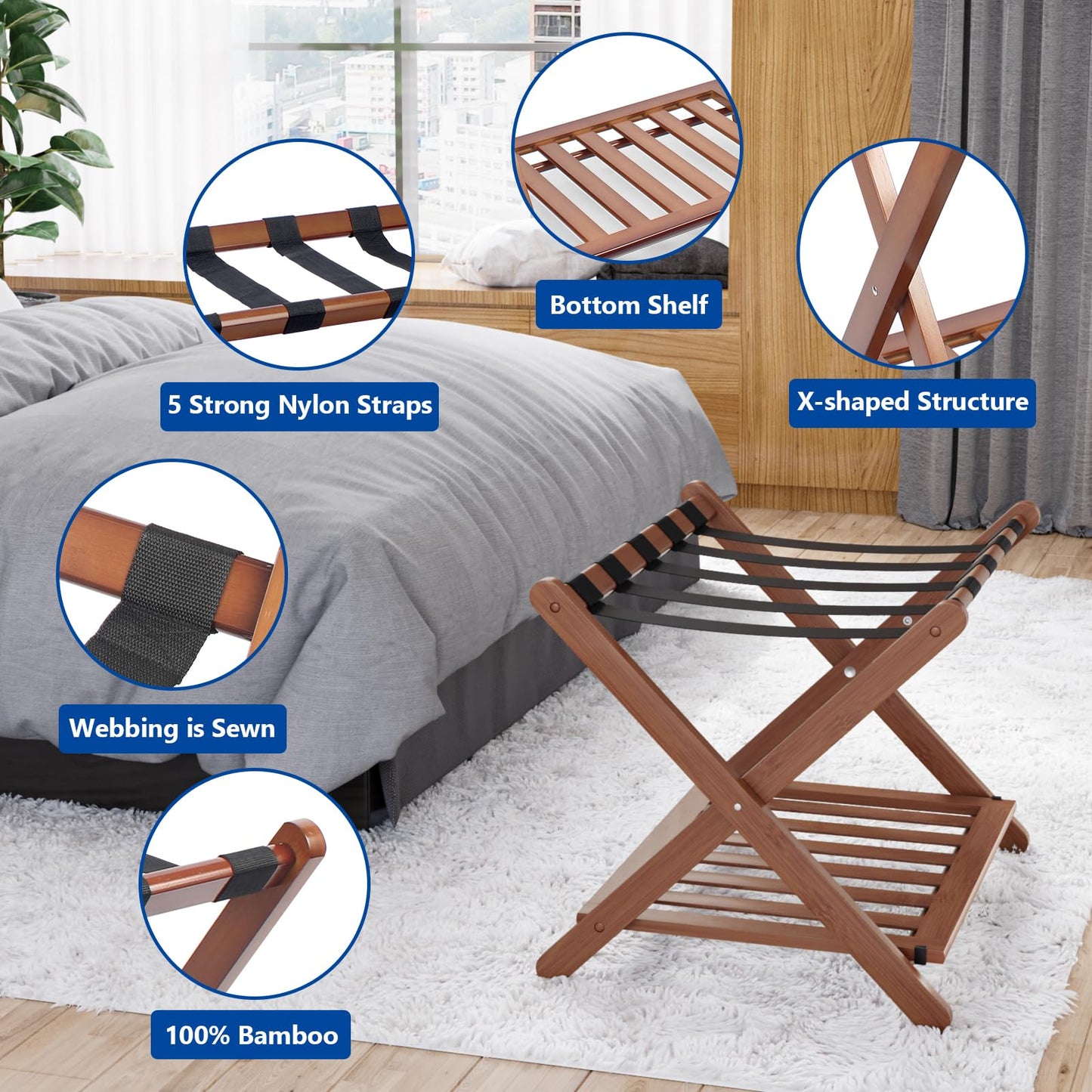 Smuxee Fully Assembled Walnut Luggage Rack, Upgraded Bamboo Foldable Suitcase Stand with 5 Nylon Straps, Luggage Holder with Shelf for Guest Room Bedroom Hotel